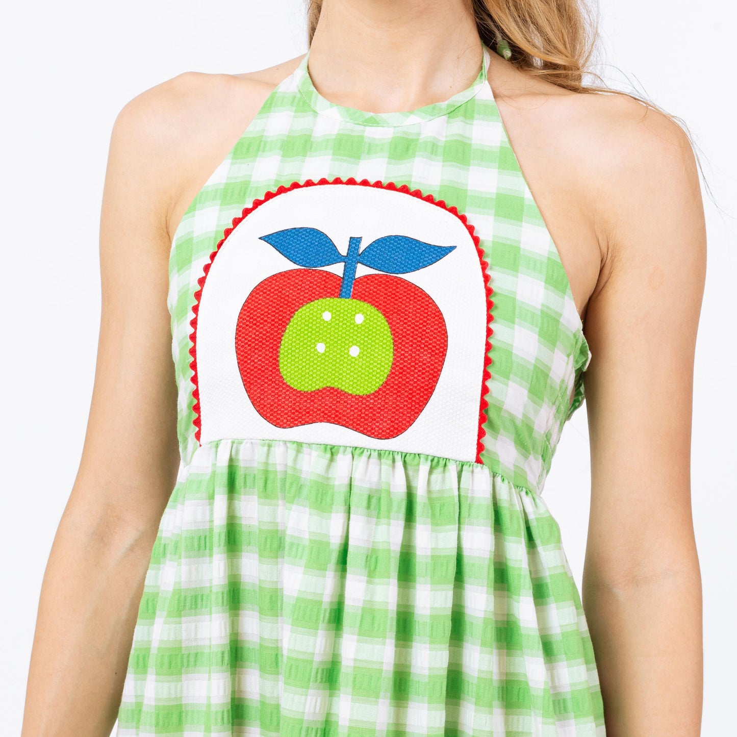 Vintage 70s Green Gingham Apple Print Sundress - Petite XS | Boho Novelty Summer Picnic Dress, Seersucker Cottagecore Halter Midi Dress