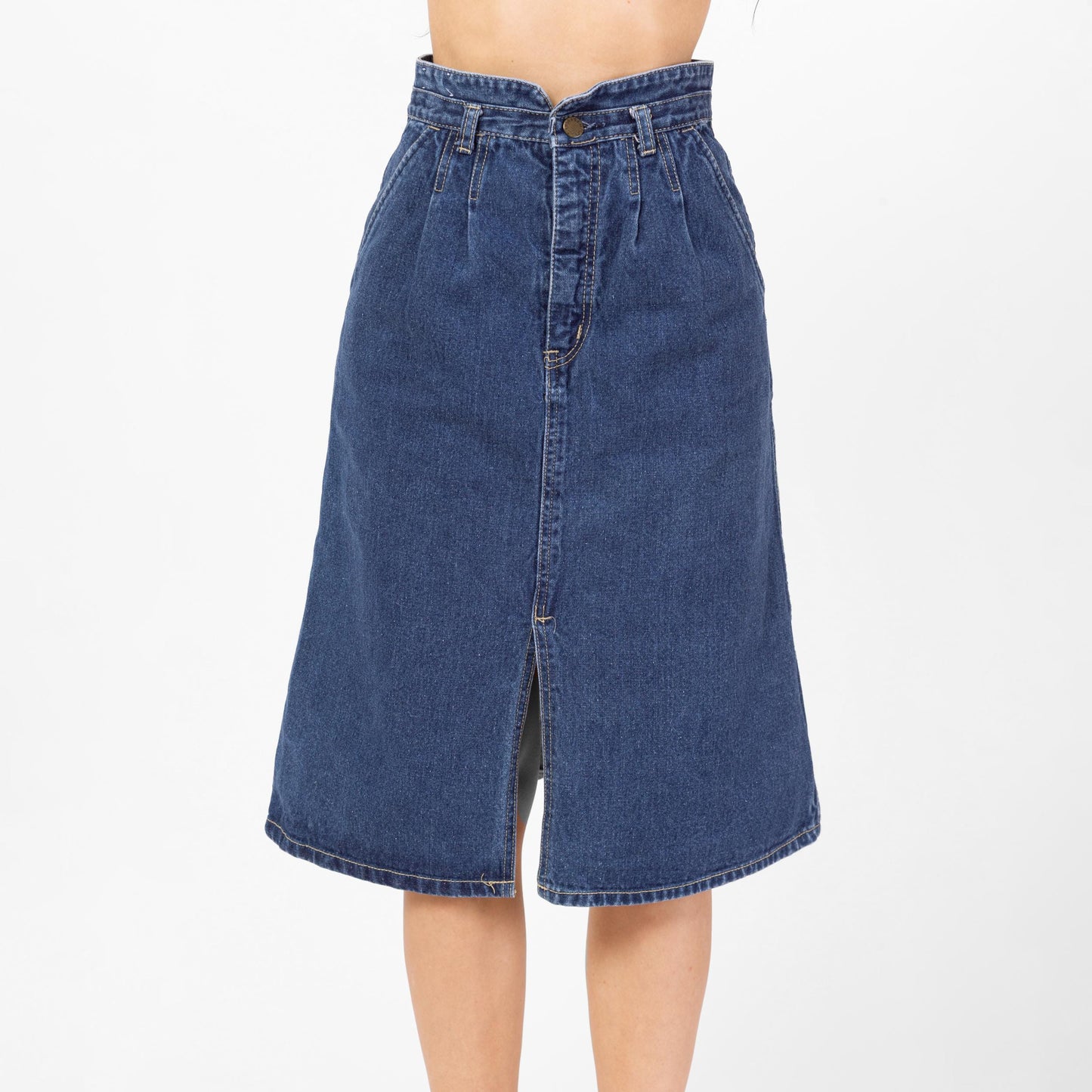 Vintage 70s Western Denim A-Line Skirt - Extra Small, 24" Waist | Americana Blue Jean High Waisted Knee Length Midi Skirt