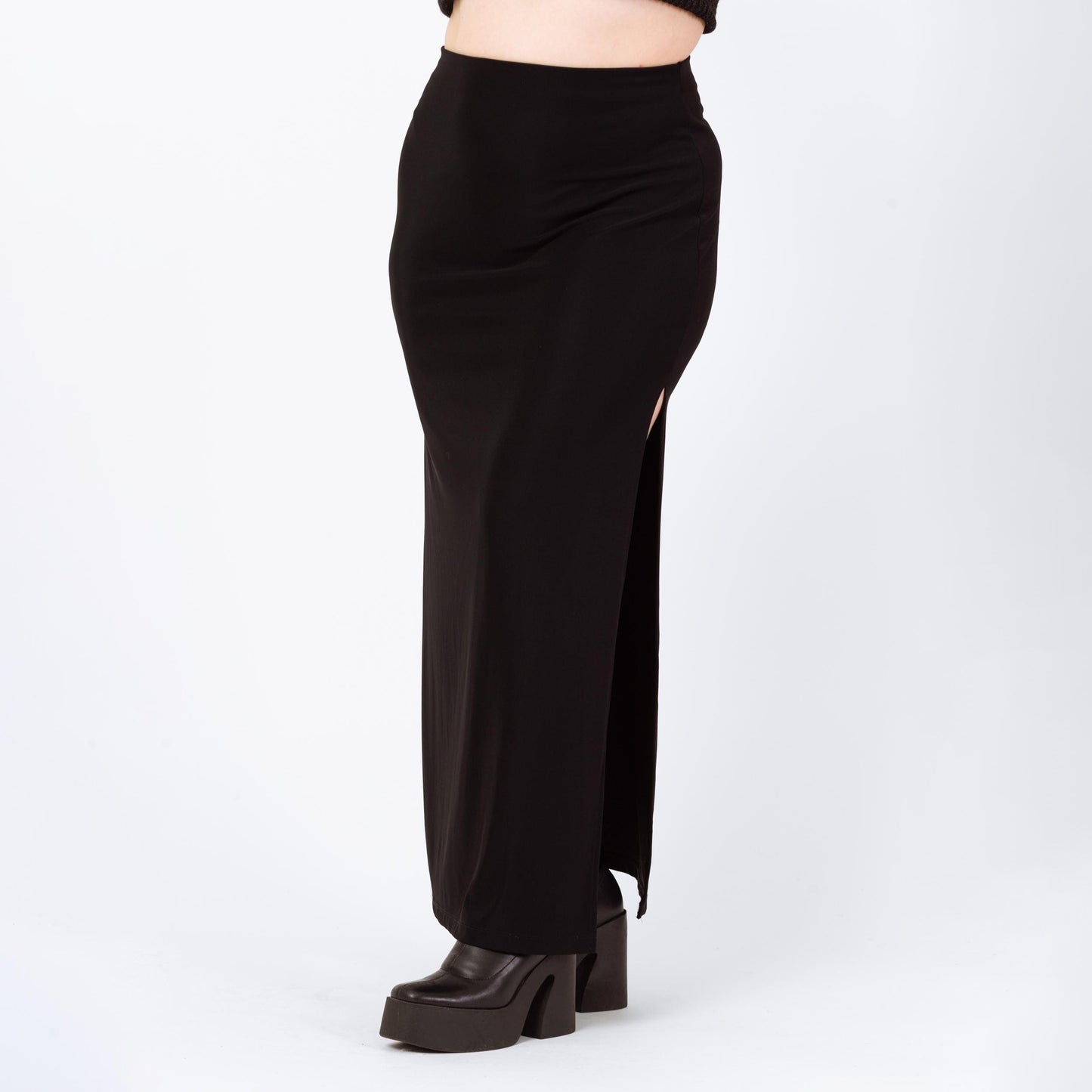 Vintage 90s Black Minimalist Stretchy Side Slit Maxi Skirt - Large to XL | Gothic Ankle Length Grunge Slinky Pencil Skirt