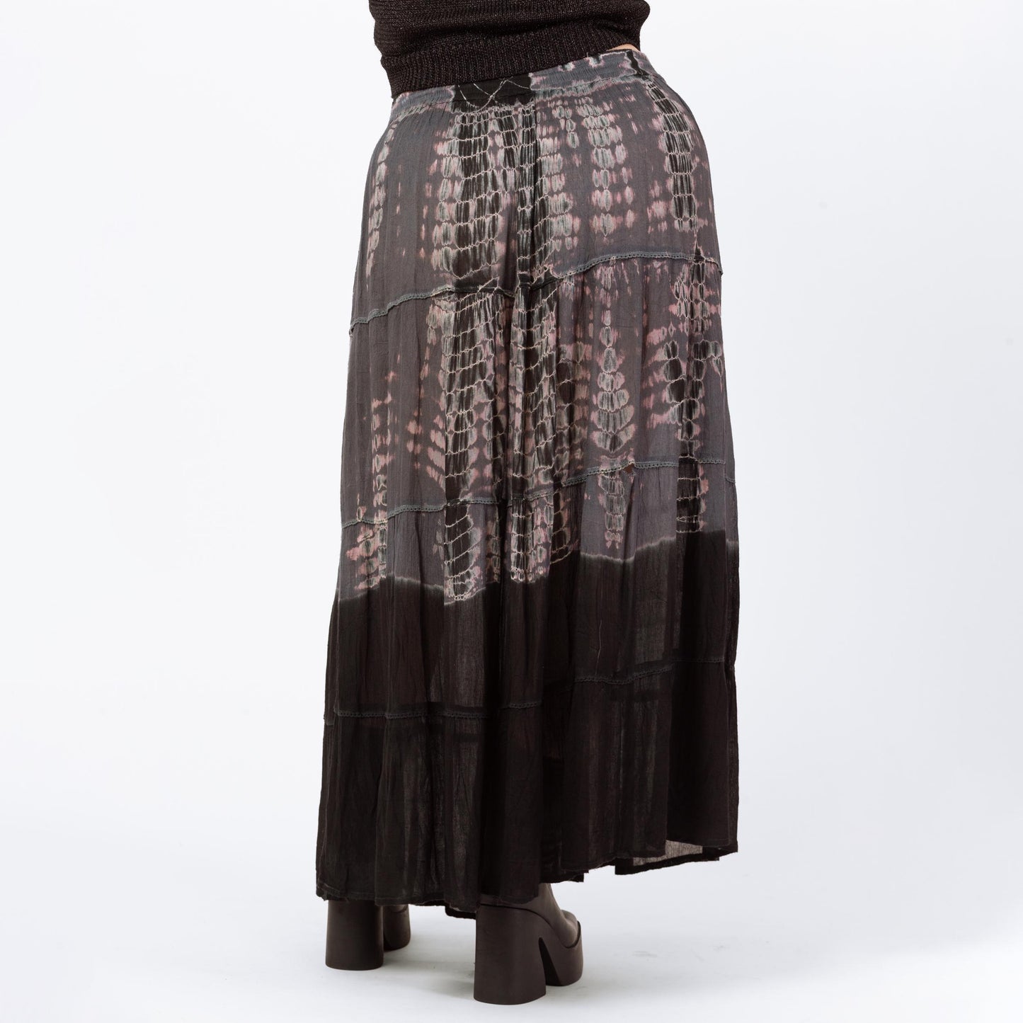 Vintage 90s Boho Tie Dye Maxi Broomstick Skirt - Extra Large | Boho Whimsigoth Black & Gray Shibori Pleated Grunge Skirt