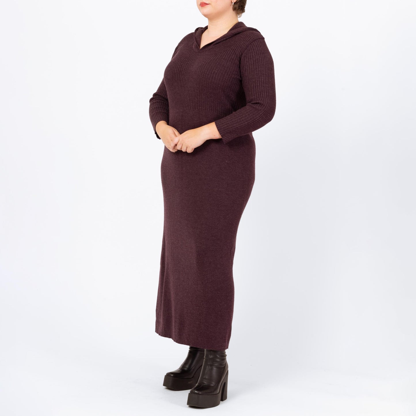 Vintage 90s Hooded Plum Purple Knit Maxi Dress - Extra Large | Ribbed Long Sleeve Whimsigoth Fall Sweater Dress