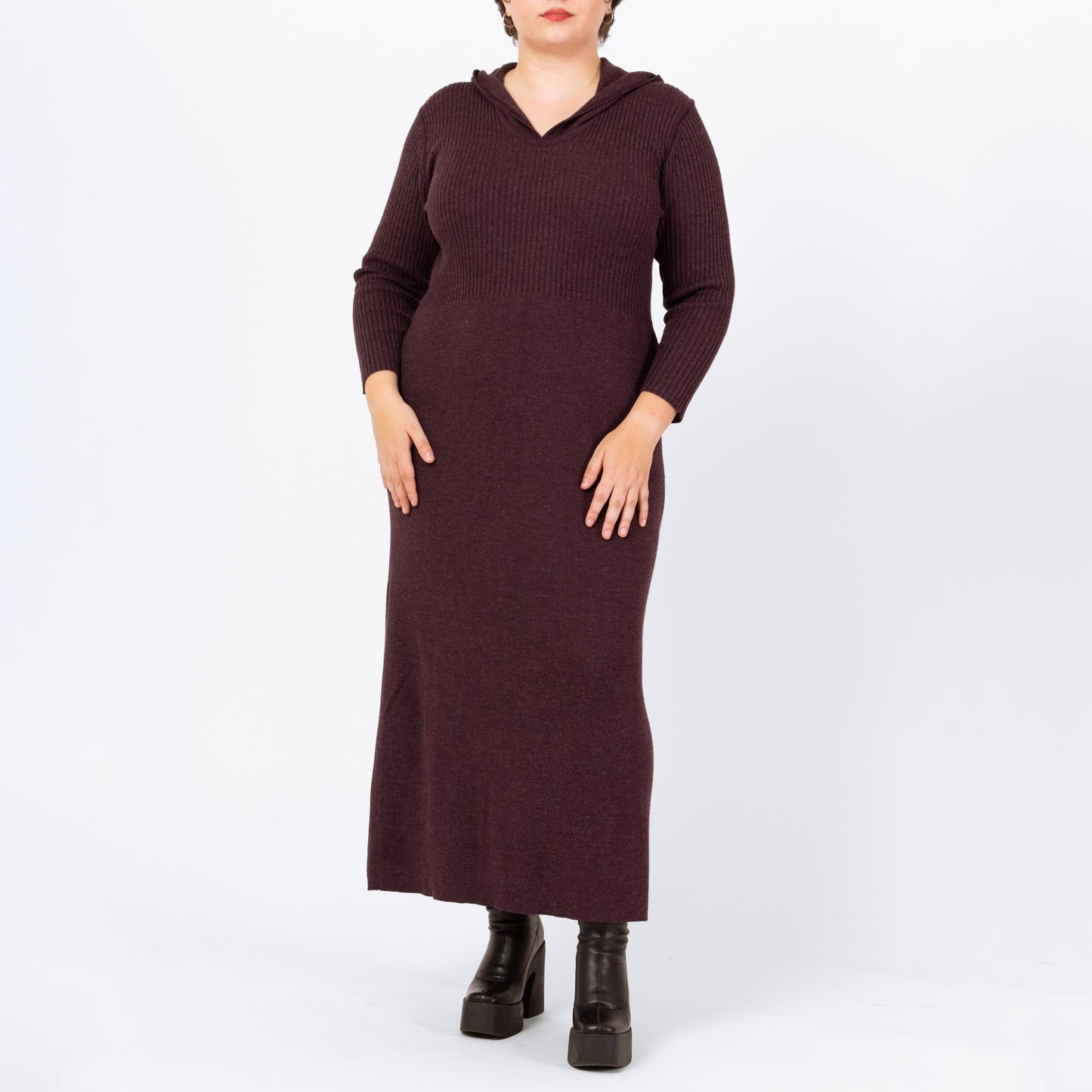 Vintage 90s Hooded Plum Purple Knit Maxi Dress - Extra Large | Ribbed Long Sleeve Whimsigoth Fall Sweater Dress