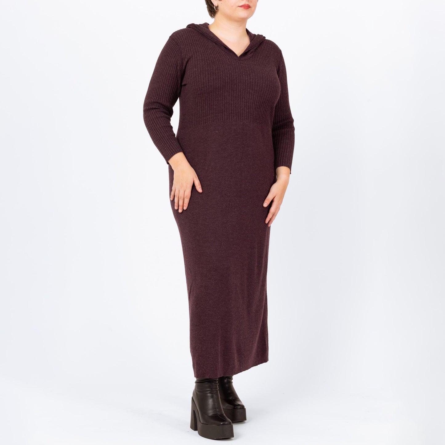 Vintage 90s Hooded Plum Purple Knit Maxi Dress - Extra Large | Ribbed Long Sleeve Whimsigoth Fall Sweater Dress