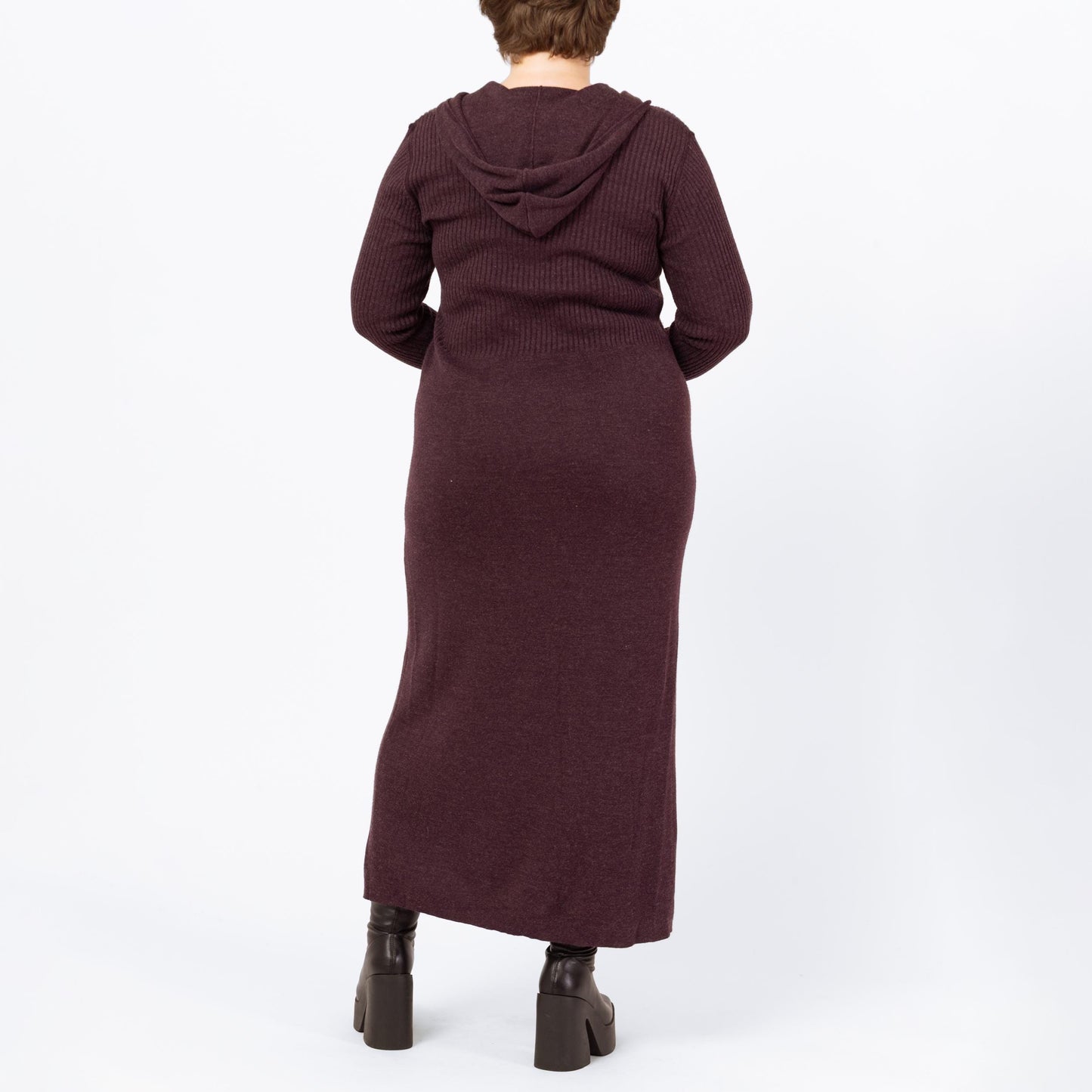 Vintage 90s Hooded Plum Purple Knit Maxi Dress - Extra Large | Ribbed Long Sleeve Whimsigoth Fall Sweater Dress