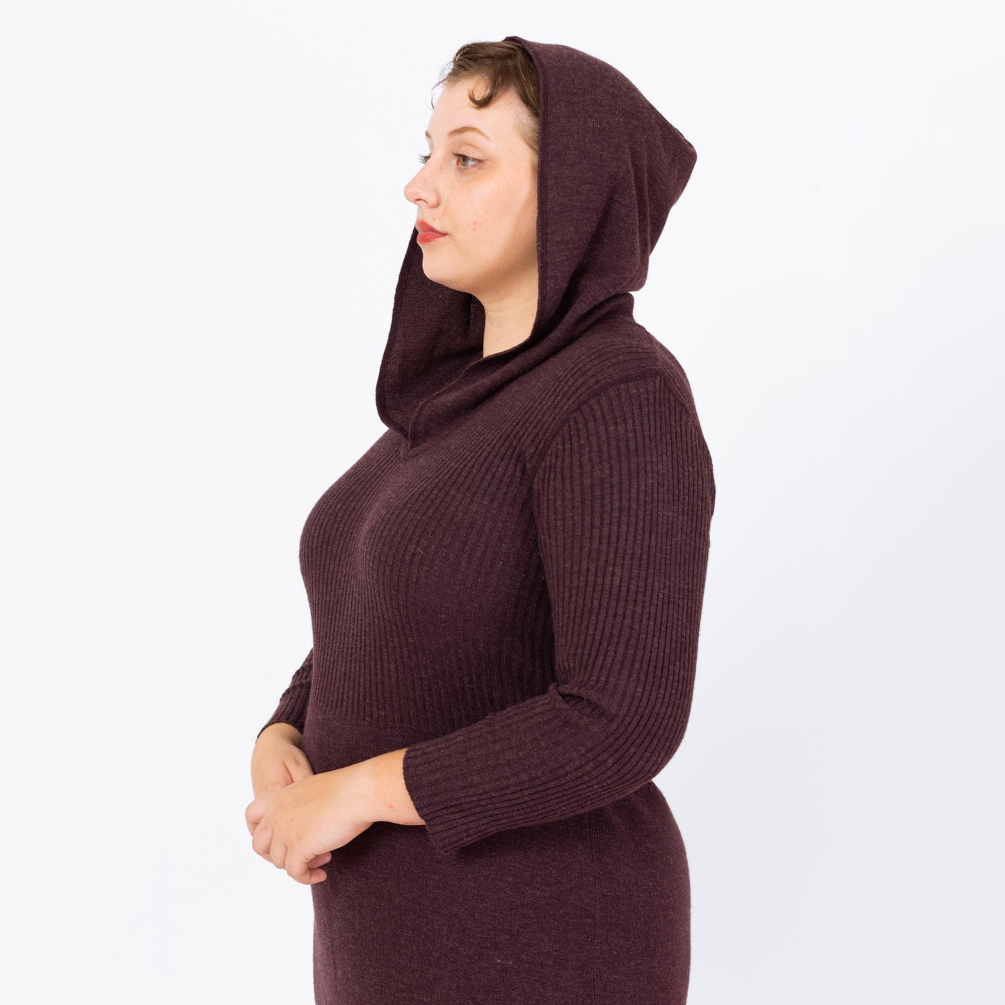 Vintage 90s Hooded Plum Purple Knit Maxi Dress - Extra Large | Ribbed Long Sleeve Whimsigoth Fall Sweater Dress