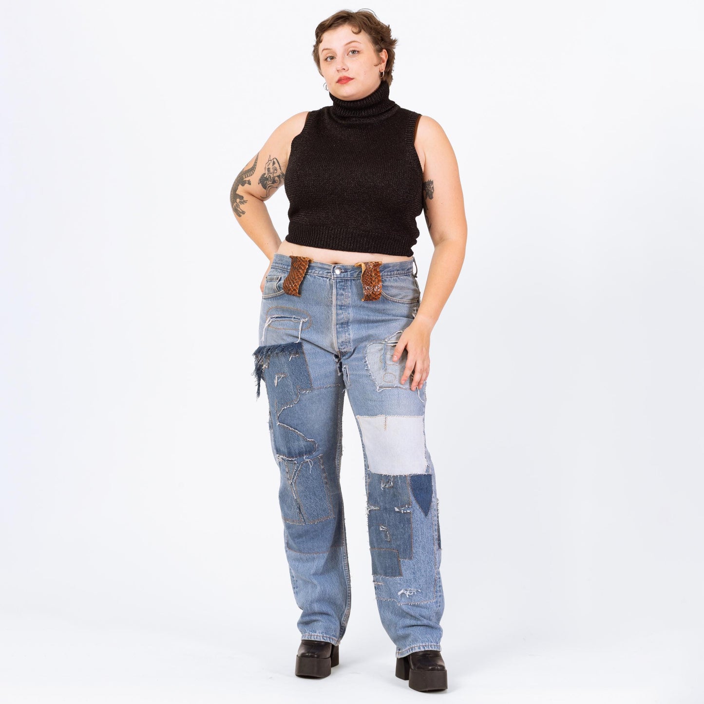 Vintage Y2K Dolce & Gabbana Baggy Patchwork Jeans - 1X | 2000s Designer Jeans, Plus Size Jeans, Leather Trim Distressed Denim Made In Italy