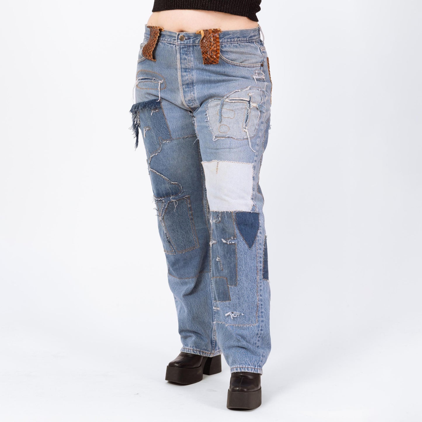 Vintage Y2K Dolce & Gabbana Baggy Patchwork Jeans - 1X | 2000s Designer Jeans, Plus Size Jeans, Leather Trim Distressed Denim Made In Italy