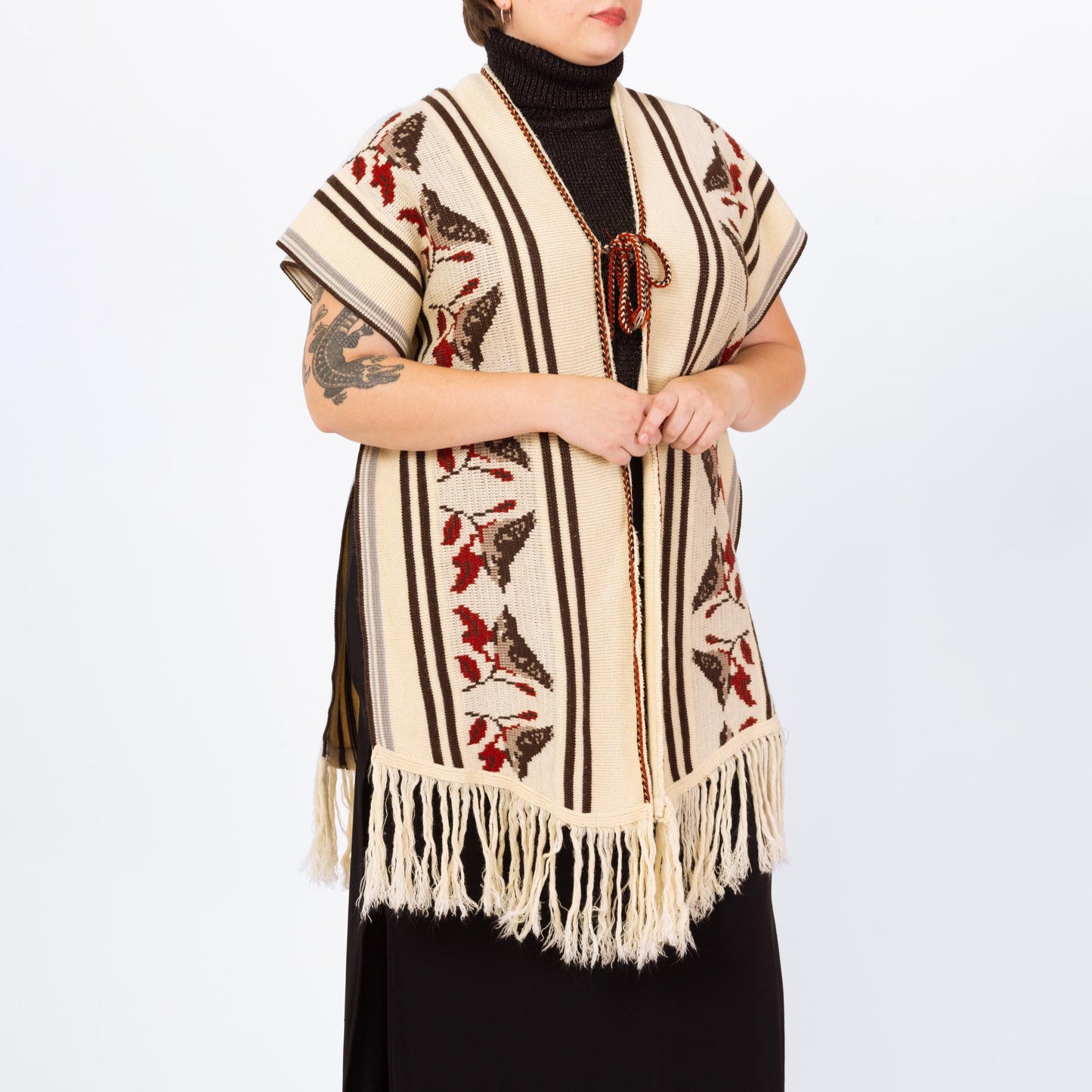 Vintage 70s Boho Knit Bird Poncho - One Size | Striped Vest Fringe Hippie Sweater Shawl