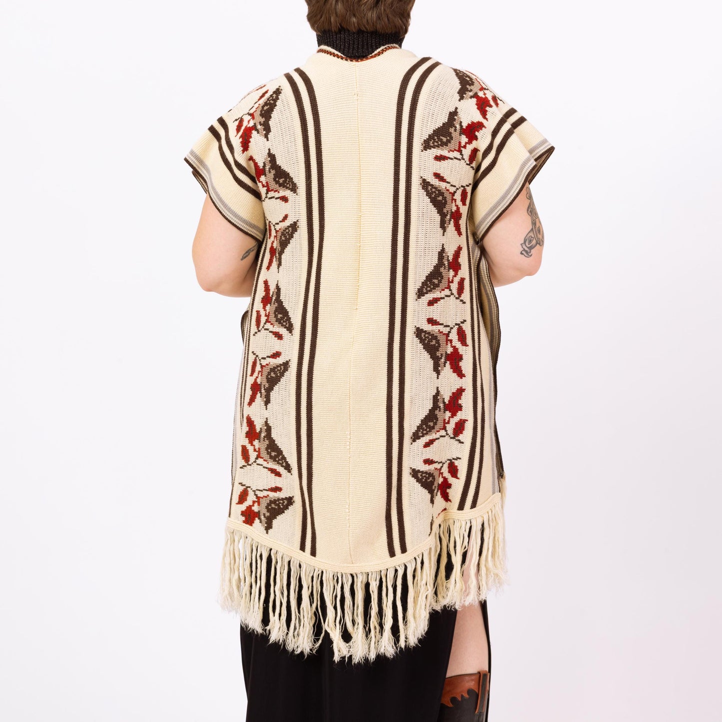 Vintage 70s Boho Knit Bird Poncho - One Size | Striped Vest Fringe Hippie Sweater Shawl