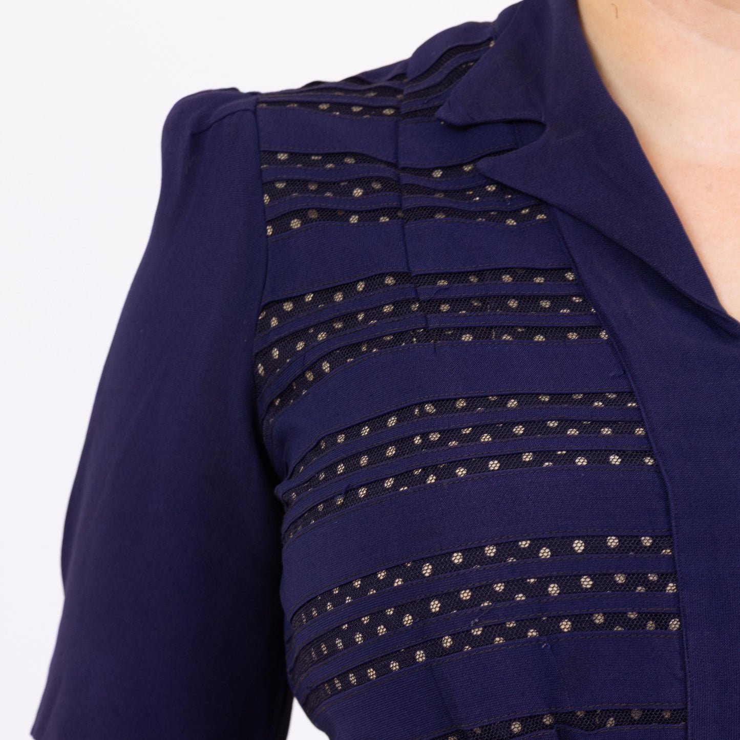 Vintage 1940s Navy Blue Belted Day Dress - Extra Large | 40s Polka Dot Puff Sleeve Midi Shirtdress