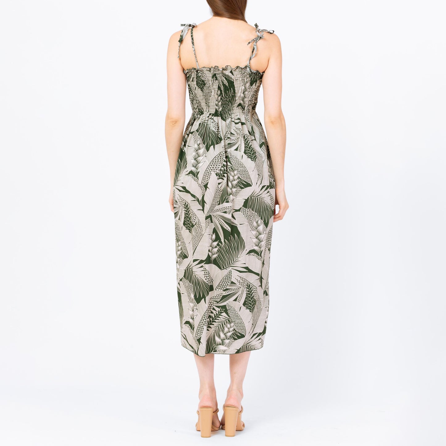 Vintage 90s Boho Green Tropical Floral Midi Dress - Extra Small | Hawaiian Shirred Bodice Spaghetti Strap Sundress