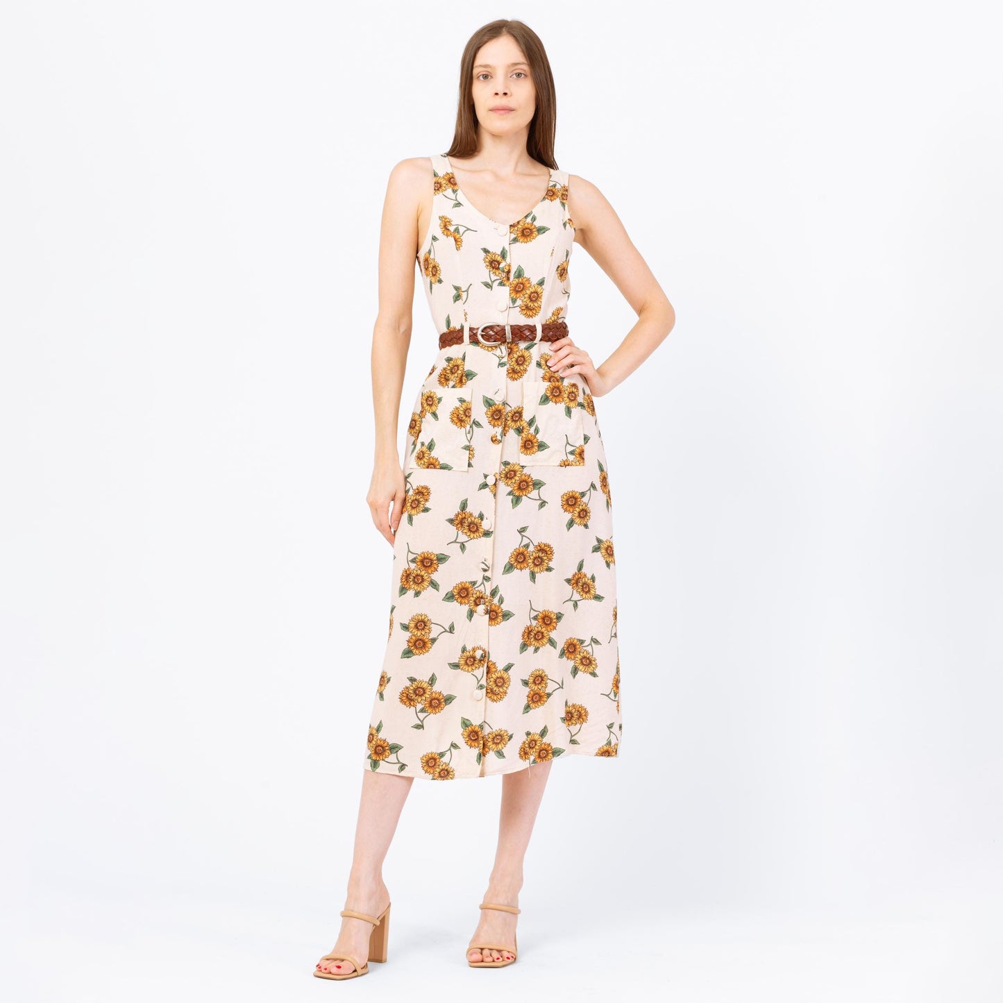 Vintage 90s Sunflower Floral Print Midi Sundress - Small | Boho Sleeveless Rayon Summer Dress With Pockets