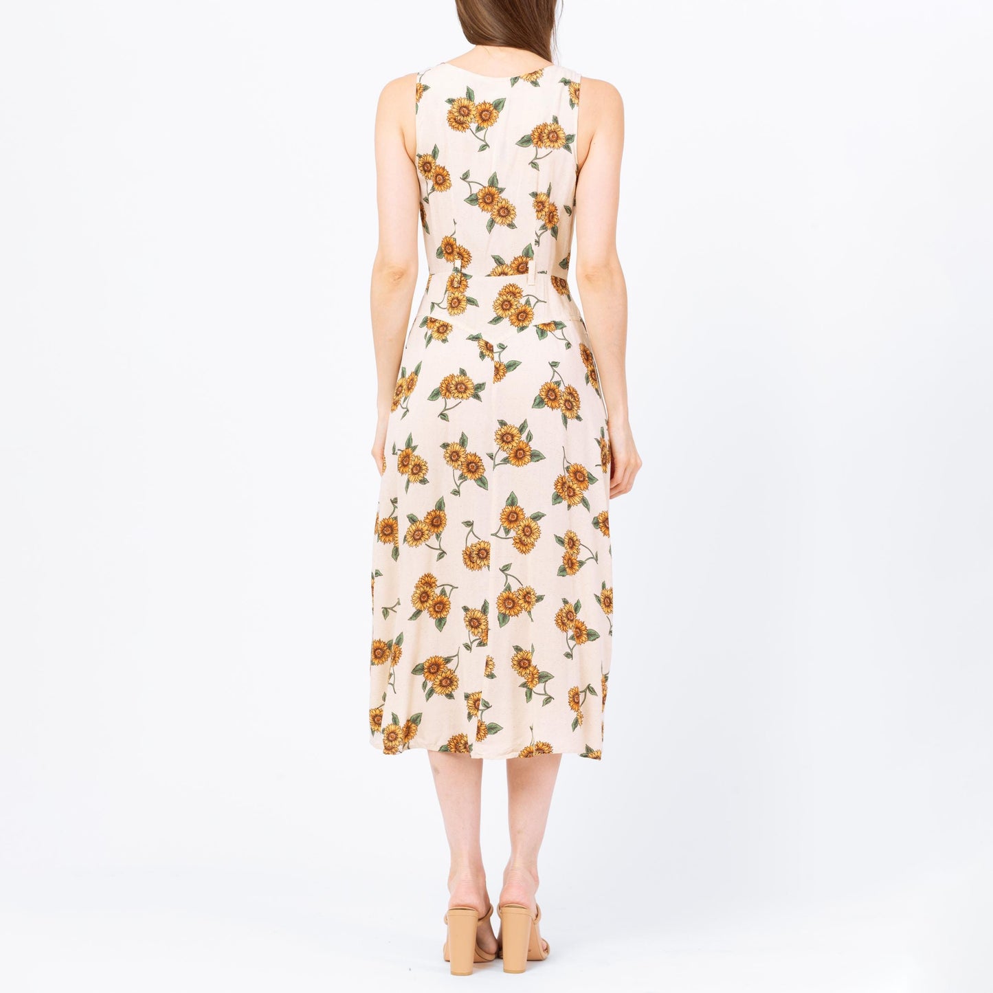 Vintage 90s Sunflower Floral Print Midi Sundress - Small | Boho Sleeveless Rayon Summer Dress With Pockets