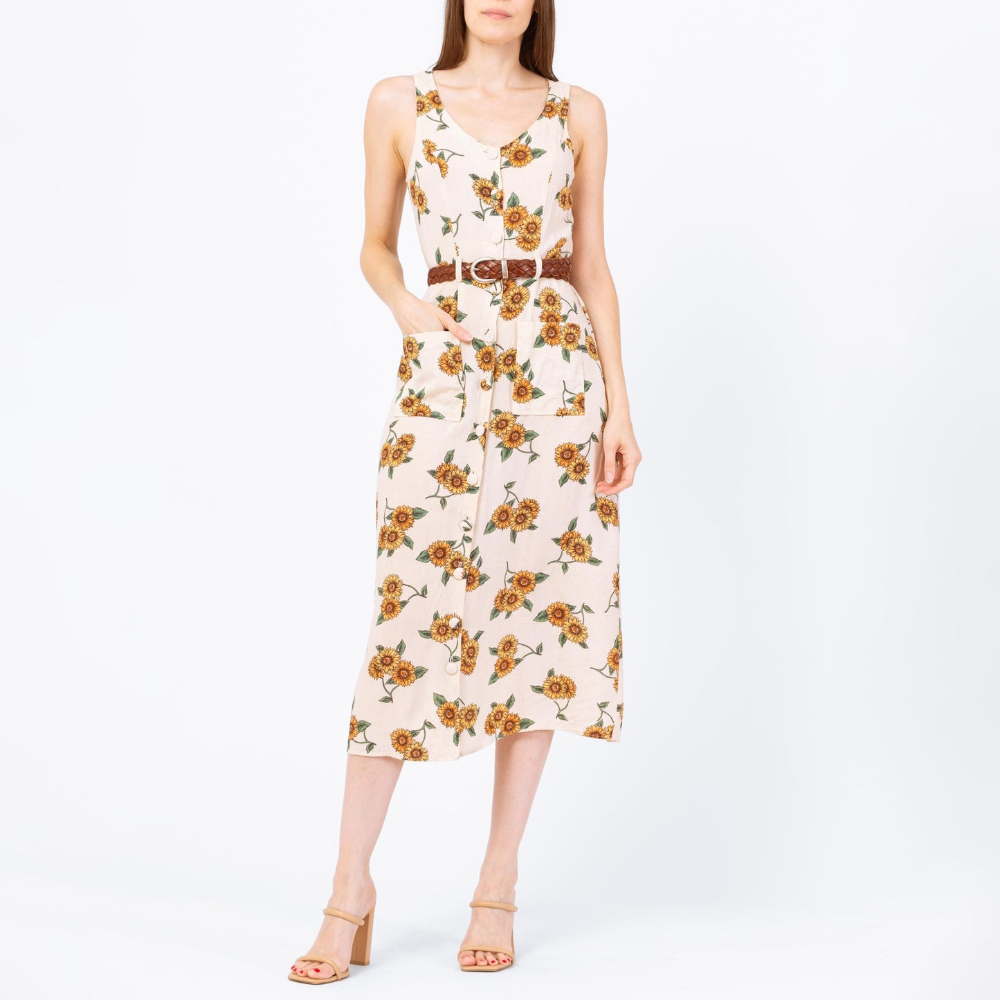 Vintage 90s Sunflower Floral Print Midi Sundress - Small | Boho Sleeveless Rayon Summer Dress With Pockets