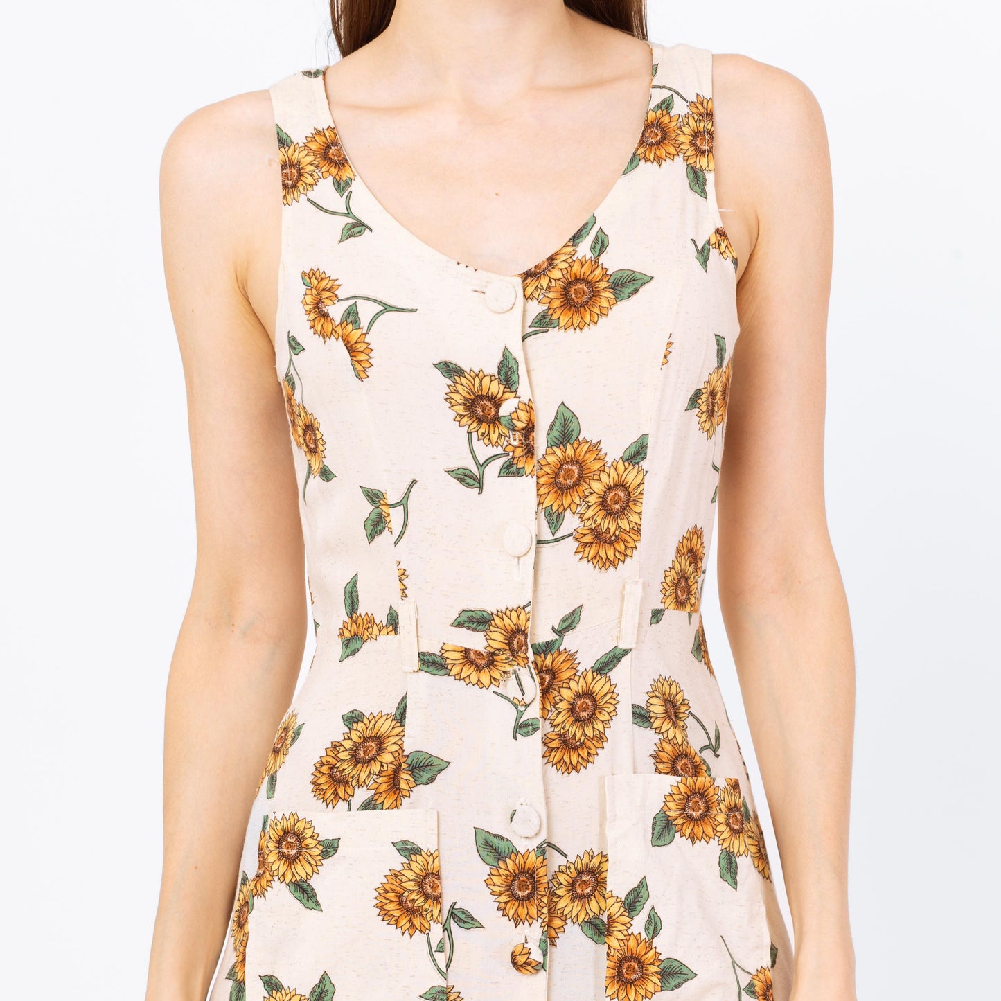 Vintage 90s Sunflower Floral Print Midi Sundress - Small | Boho Sleeveless Rayon Summer Dress With Pockets
