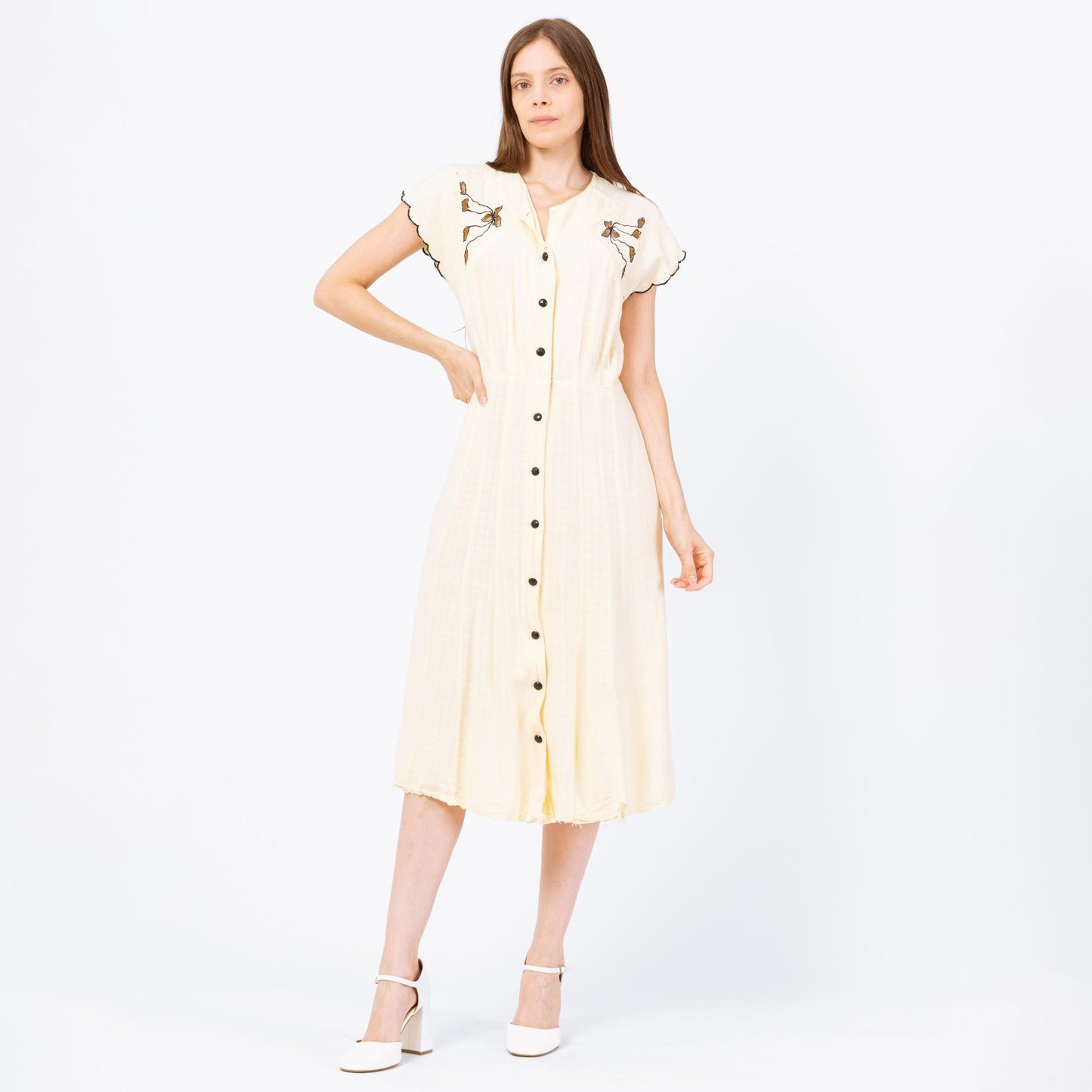 Vintage 40s 50s Butter Yellow Floral Cutout Day Dress, As Is - Medium | Retro Short Sleeve Button Up Midi Shirtwaist Dress