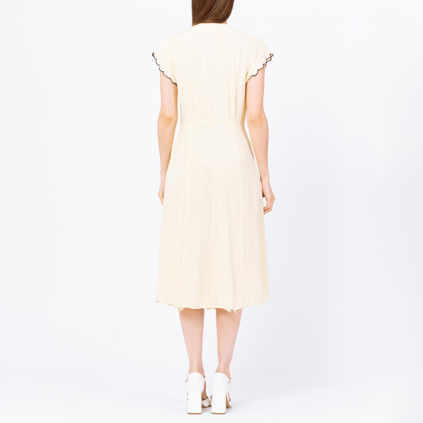 Vintage 40s 50s Butter Yellow Floral Cutout Day Dress, As Is - Medium | Retro Short Sleeve Button Up Midi Shirtwaist Dress