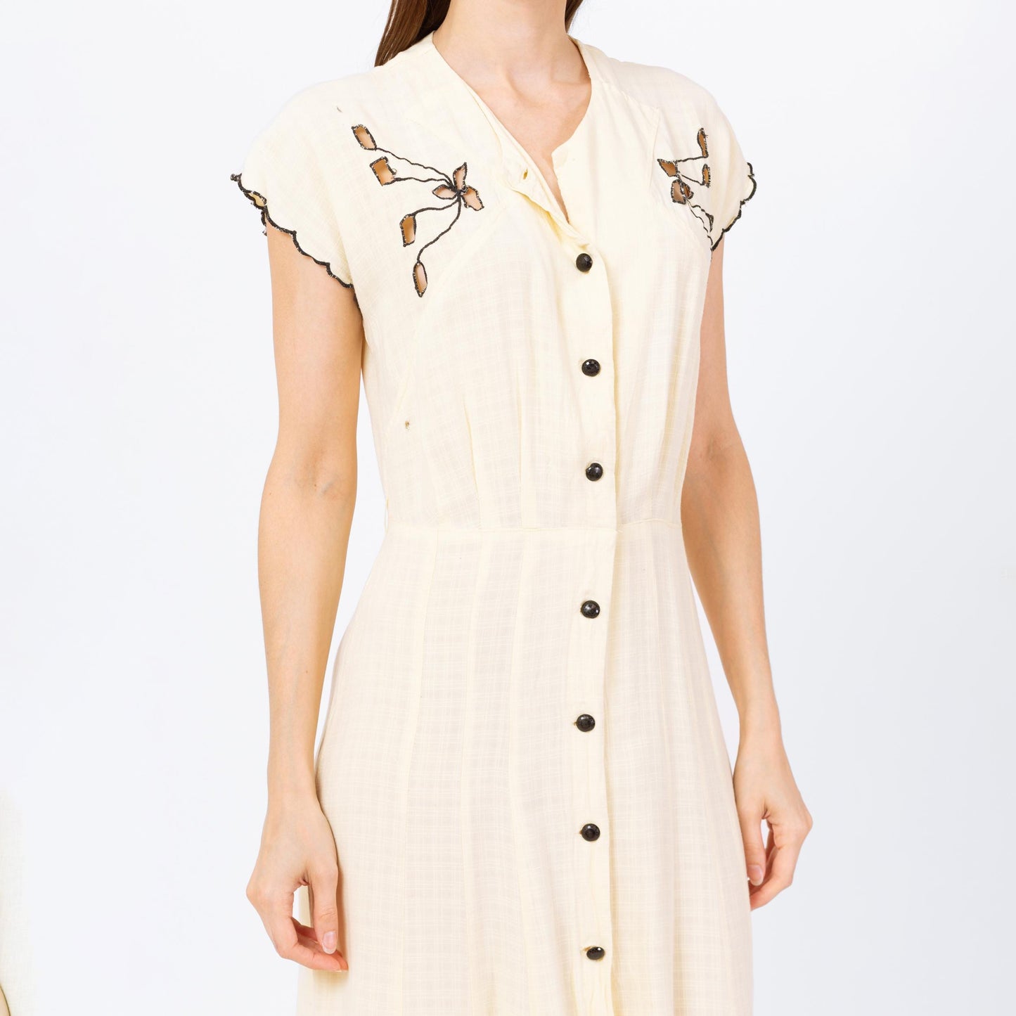 Vintage 40s 50s Butter Yellow Floral Cutout Day Dress, As Is - Medium | Retro Short Sleeve Button Up Midi Shirtwaist Dress