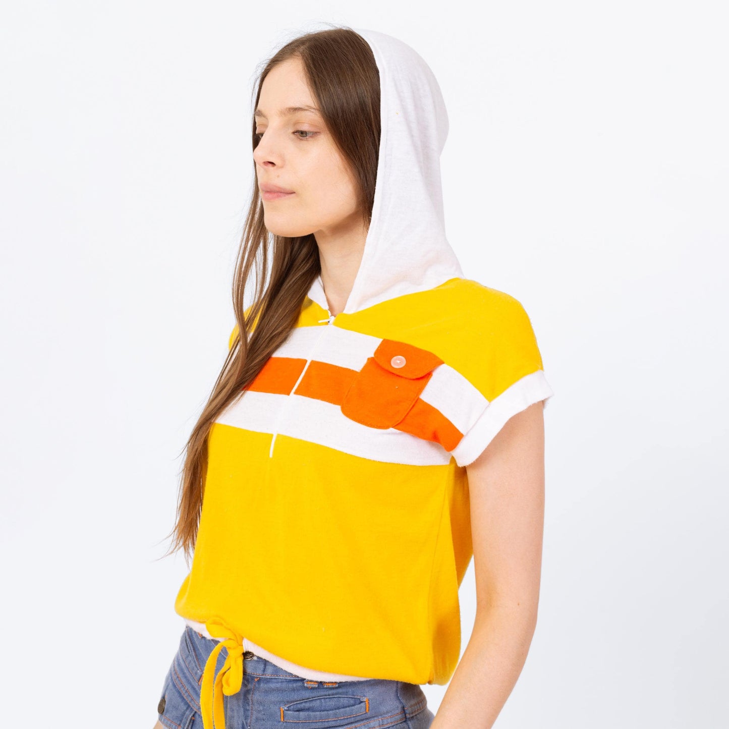 Vintage 70s Yellow Striped Hoodie Crop Top - Small to Medium | Retro Hooded Cap Sleeve Cropped Drawstring Waist Shirt