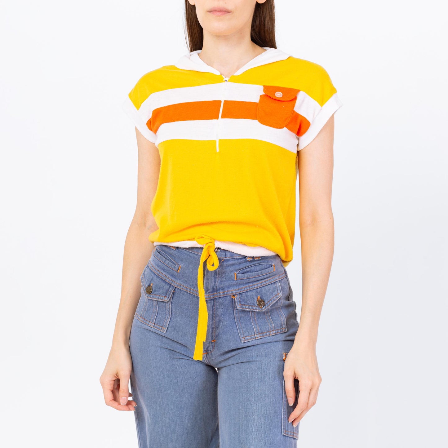 Vintage 70s Yellow Striped Hoodie Crop Top - Small to Medium | Retro Hooded Cap Sleeve Cropped Drawstring Waist Shirt