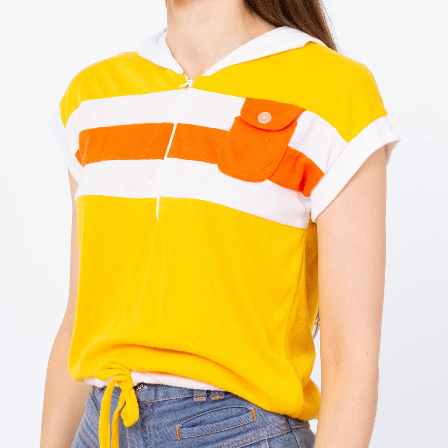 Vintage 70s Yellow Striped Hoodie Crop Top - Small to Medium | Retro Hooded Cap Sleeve Cropped Drawstring Waist Shirt