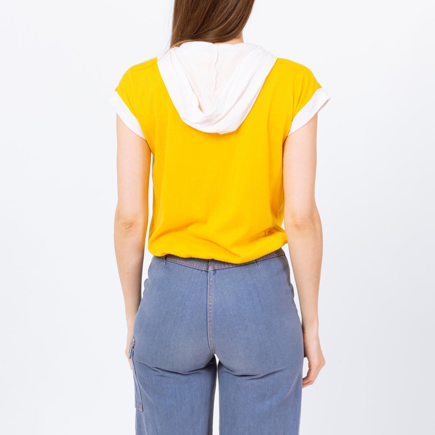 Vintage 70s Yellow Striped Hoodie Crop Top - Small to Medium | Retro Hooded Cap Sleeve Cropped Drawstring Waist Shirt