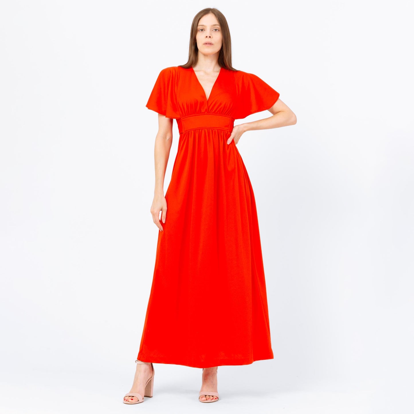 Vintage 70s Blood Orange Flutter Sleeve Maxi Dress - XS to Small | Retro Empire Waist Disco Prom Party Dress