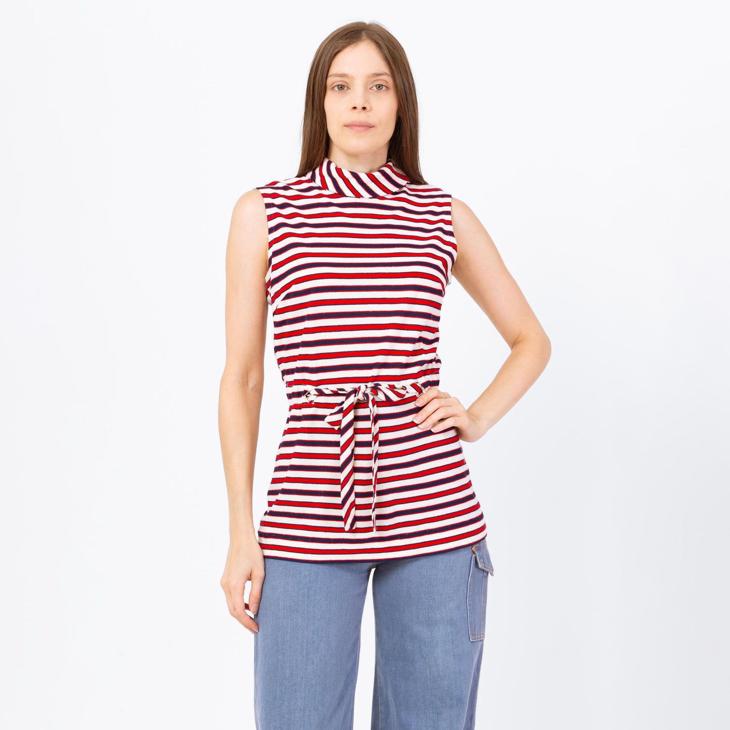 Vintage 60s 70s Mod Striped Terrycloth Tunic Top - Small | Red White & Blue Sleeveless Drawstring Waist Tank Top