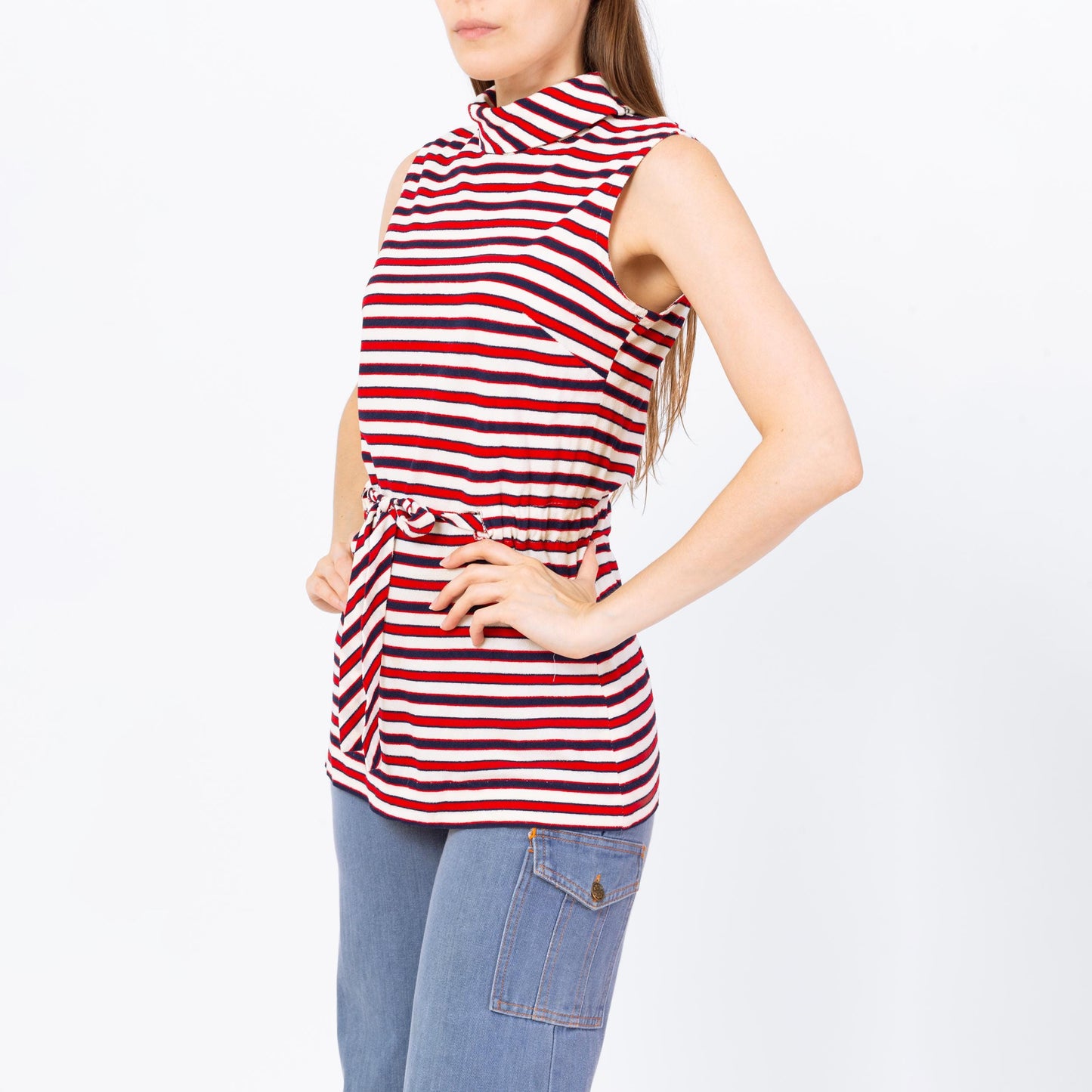 Vintage 60s 70s Mod Striped Terrycloth Tunic Top - Small | Red White & Blue Sleeveless Drawstring Waist Tank Top