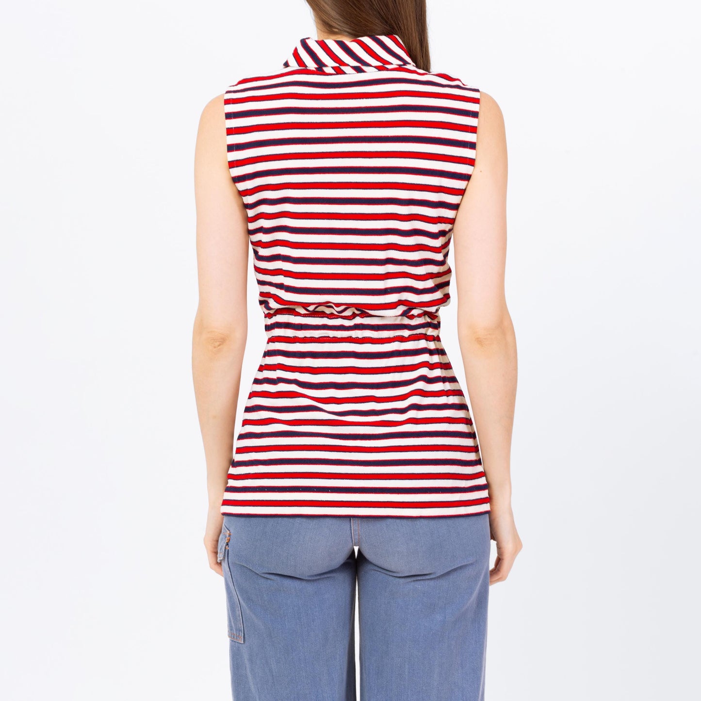Vintage 60s 70s Mod Striped Terrycloth Tunic Top - Small | Red White & Blue Sleeveless Drawstring Waist Tank Top