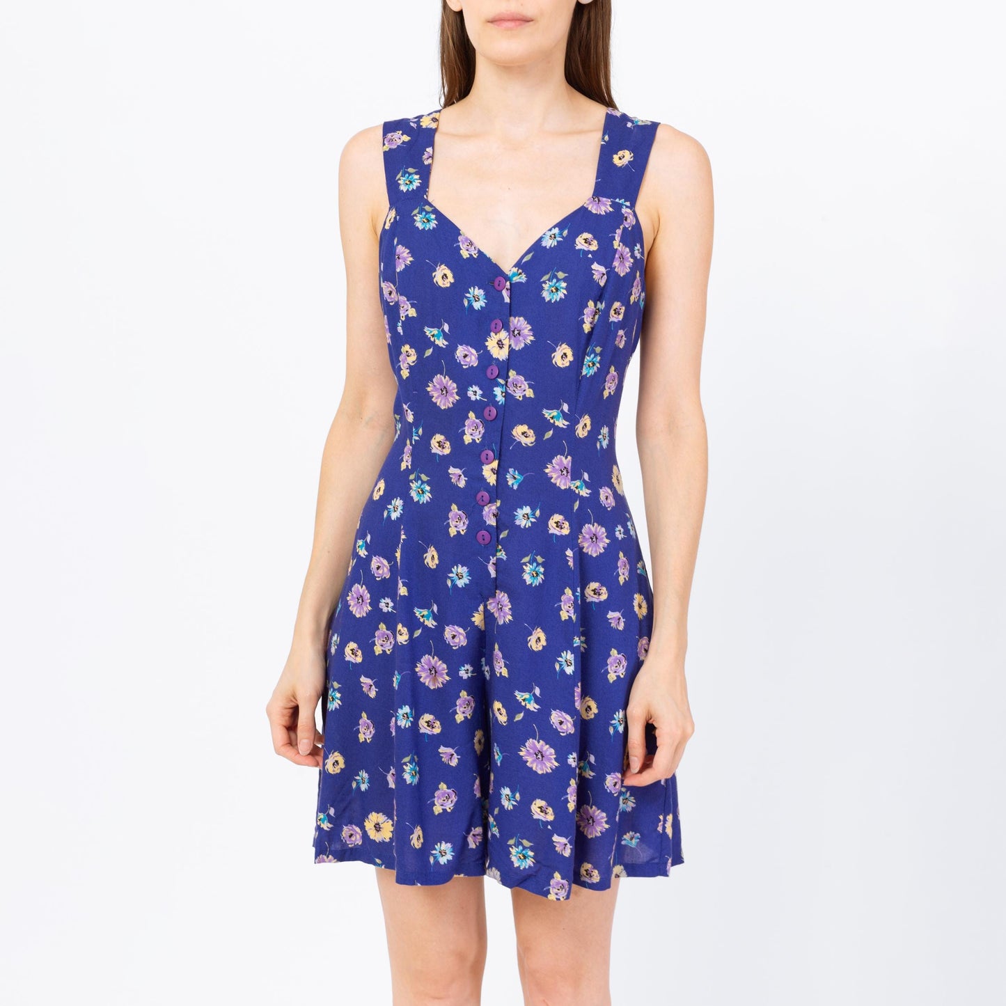 Vintage 90s Blue Floral Corset Back Romper - Medium | Boho Grunge Cinched Waist Sleeveless Button Up Playsuit