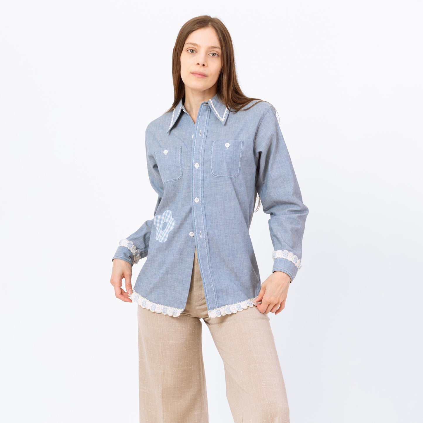 Vintage 70s Chambray Whale Applique Shirt - Small to Medium | Blue Novelty Floral Ric Rac Trim Button Up Long Sleeve Top