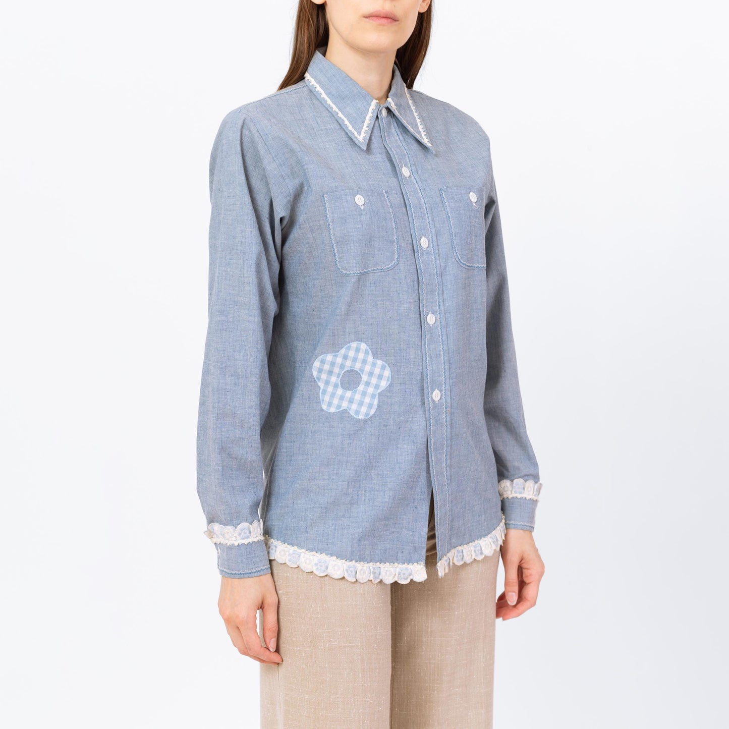 Vintage 70s Chambray Whale Applique Shirt - Small to Medium | Blue Novelty Floral Ric Rac Trim Button Up Long Sleeve Top