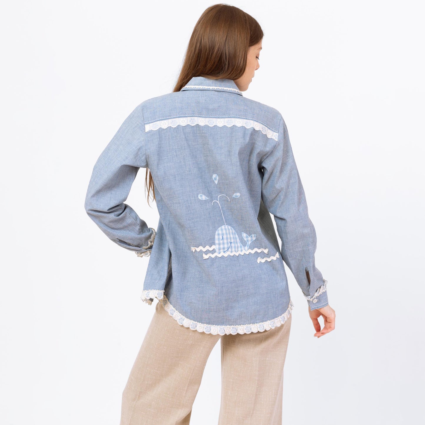 Vintage 70s Chambray Whale Applique Shirt - Small to Medium | Blue Novelty Floral Ric Rac Trim Button Up Long Sleeve Top