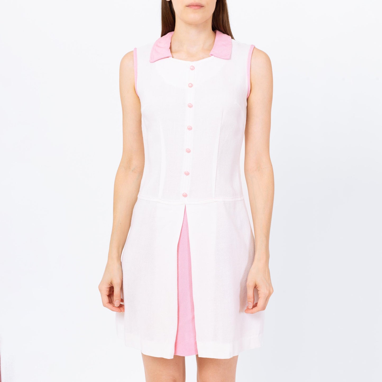 Vintage 60s Mod White & Pink Preppy Scooter Dress - Extra Small | Sleeveless Retro Collared Mini Dress