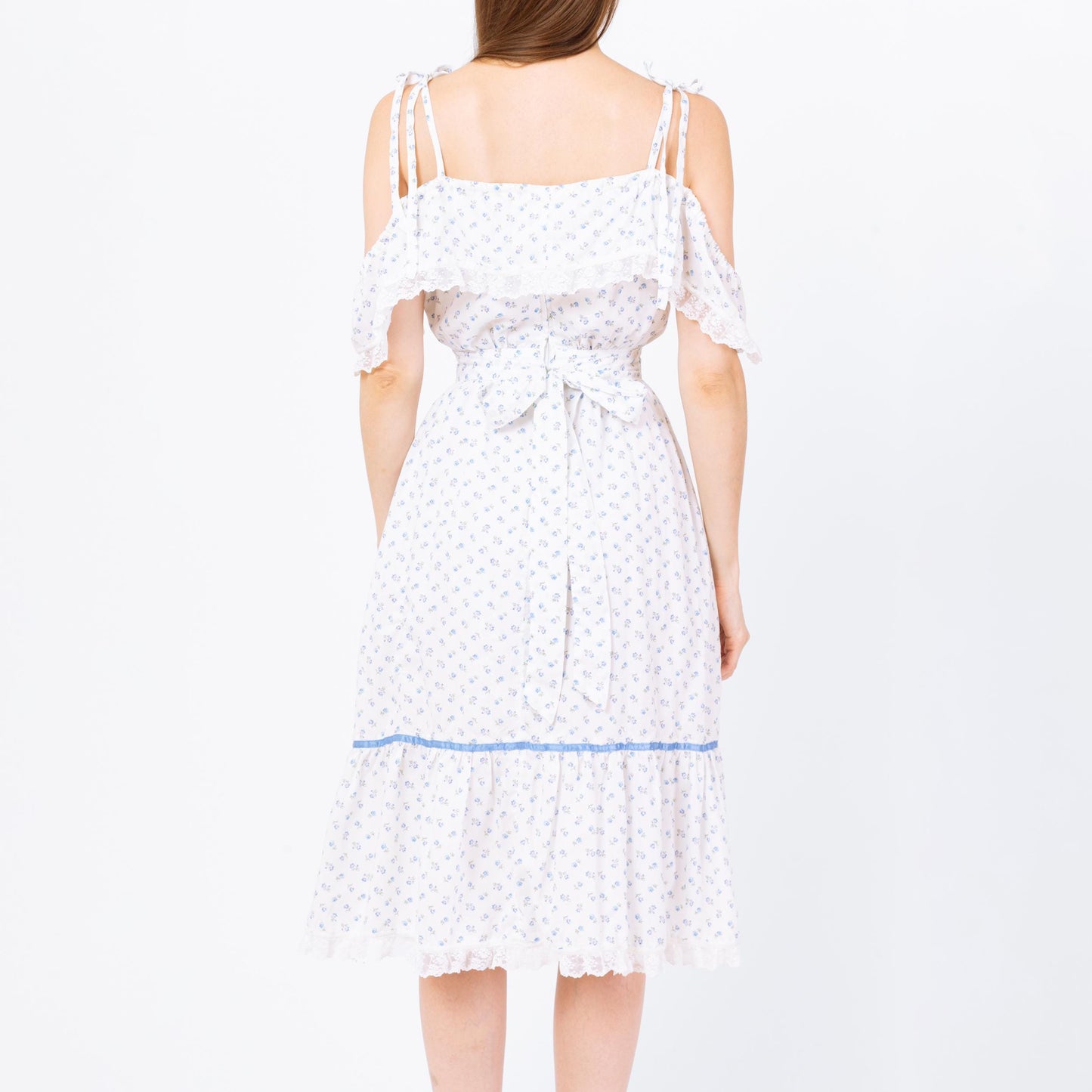 Vintage 70s White & Blue Floral Off-Shoulder Midi Prairie Dress - Extra Small | Boho Calico Lace Trim Fit Flare Peasant Sundress