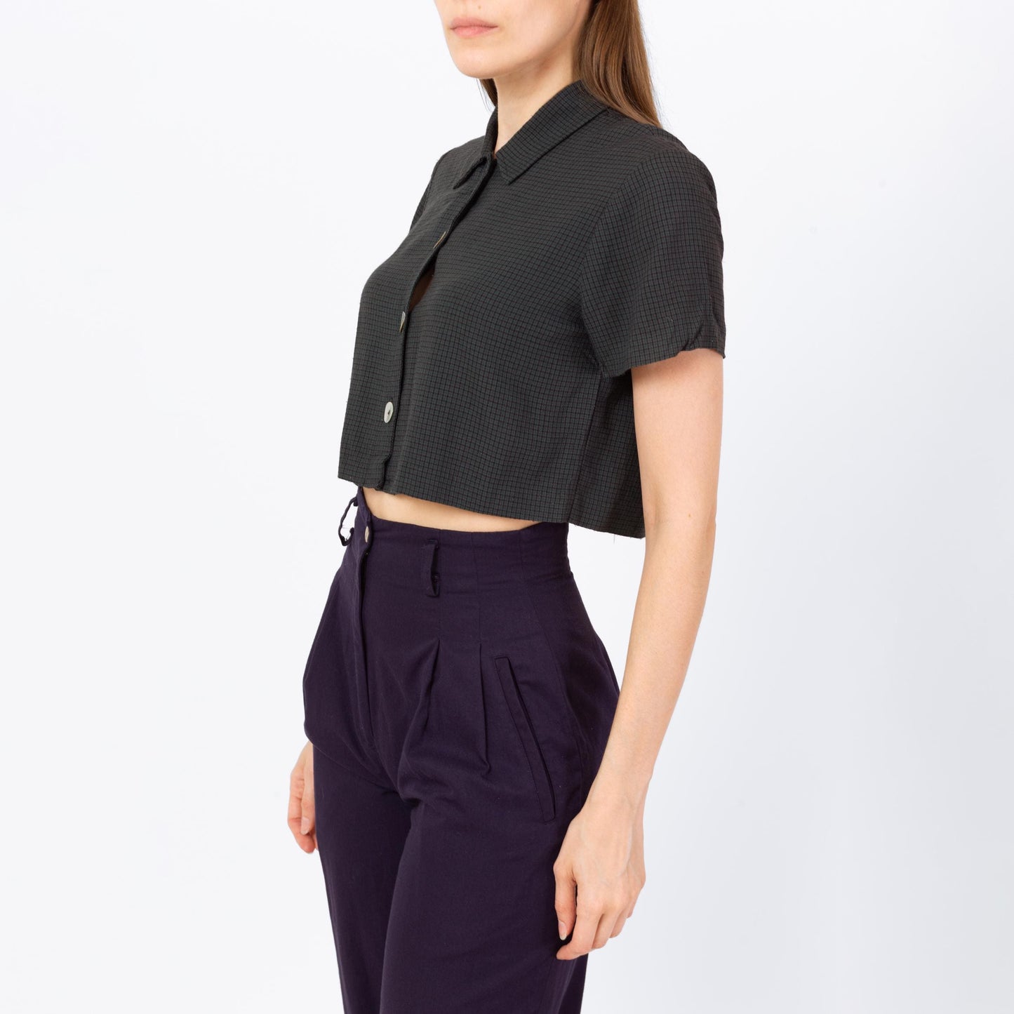 Vintage 90s Dark Green Plaid Crop Top - Small | Short Sleeve Collared Cropped Blouse, Grunge Abalone Button Up Shirt