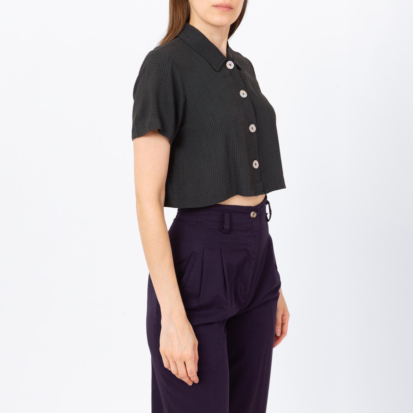 Vintage 90s Dark Green Plaid Crop Top - Small | Short Sleeve Collared Cropped Blouse, Grunge Abalone Button Up Shirt