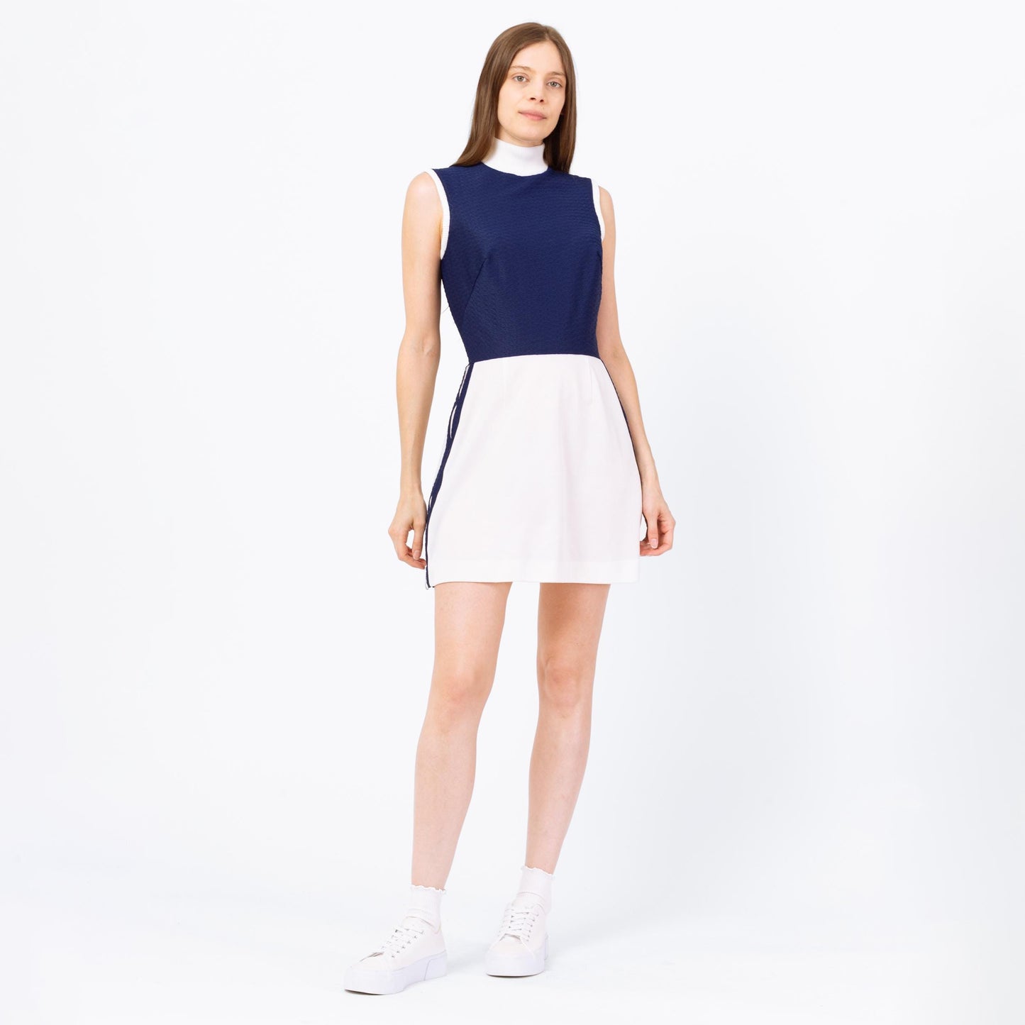 Vintage 70s Mod Ring Zipper Tennis Dress - Small | Preppy Sleeveless Sportsweaer Outfit, Retro Navy Blue White Striped Mini Dress