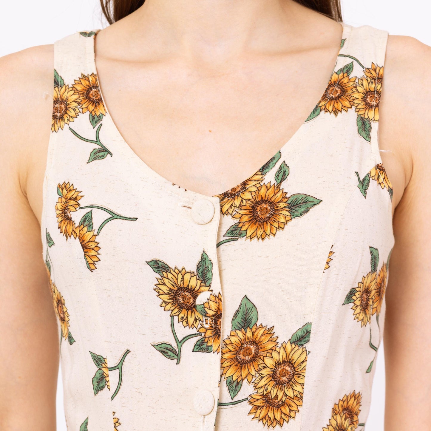 Vintage 90s Sunflower Floral Print Midi Sundress - Small | Boho Sleeveless Rayon Summer Dress With Pockets
