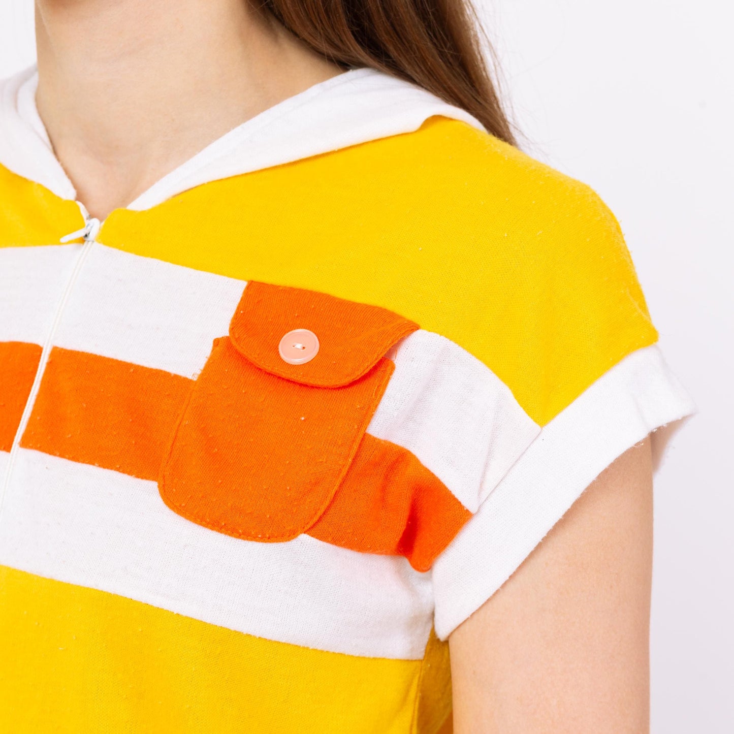 Vintage 70s Yellow Striped Hoodie Crop Top - Small to Medium | Retro Hooded Cap Sleeve Cropped Drawstring Waist Shirt
