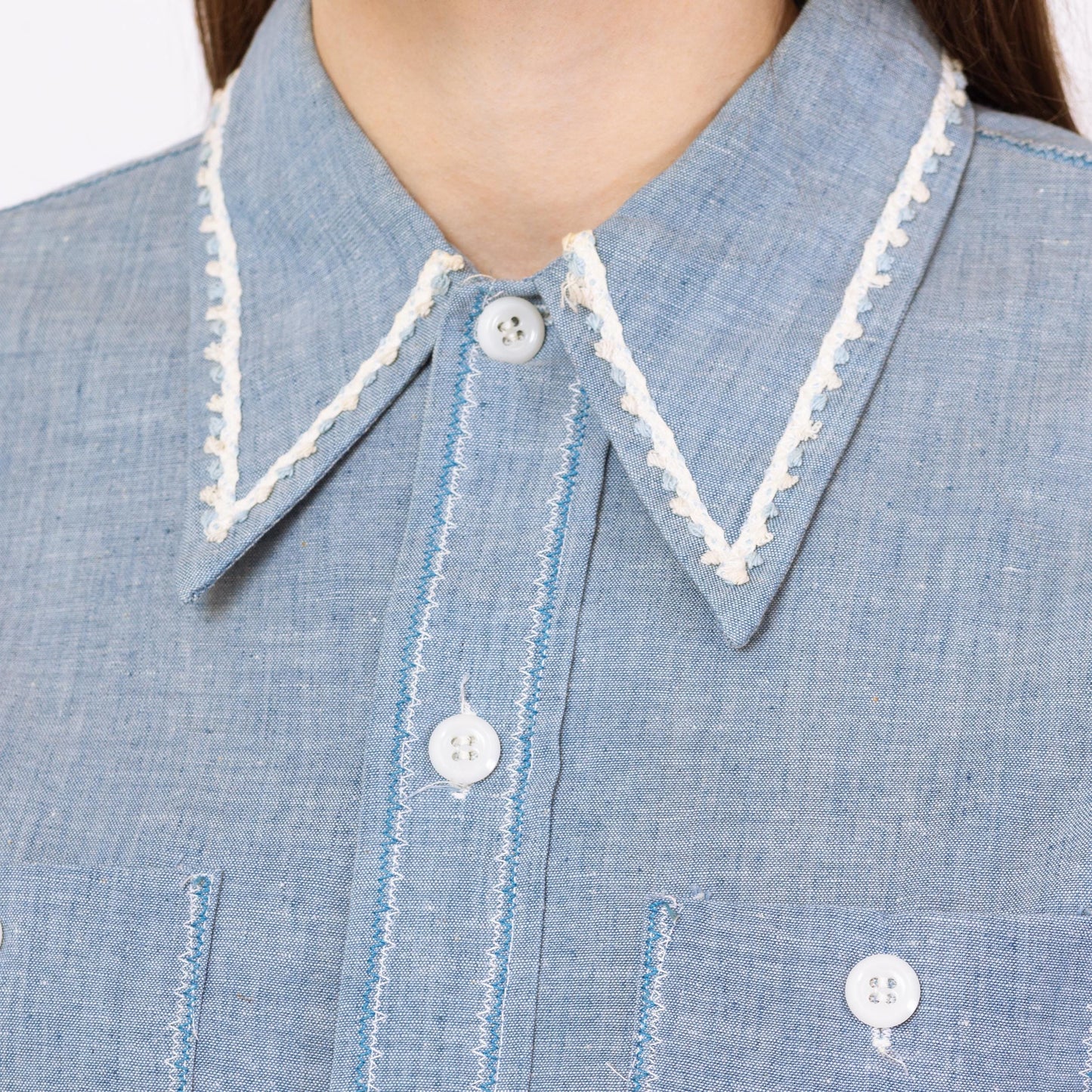 Vintage 70s Chambray Whale Applique Shirt - Small to Medium | Blue Novelty Floral Ric Rac Trim Button Up Long Sleeve Top