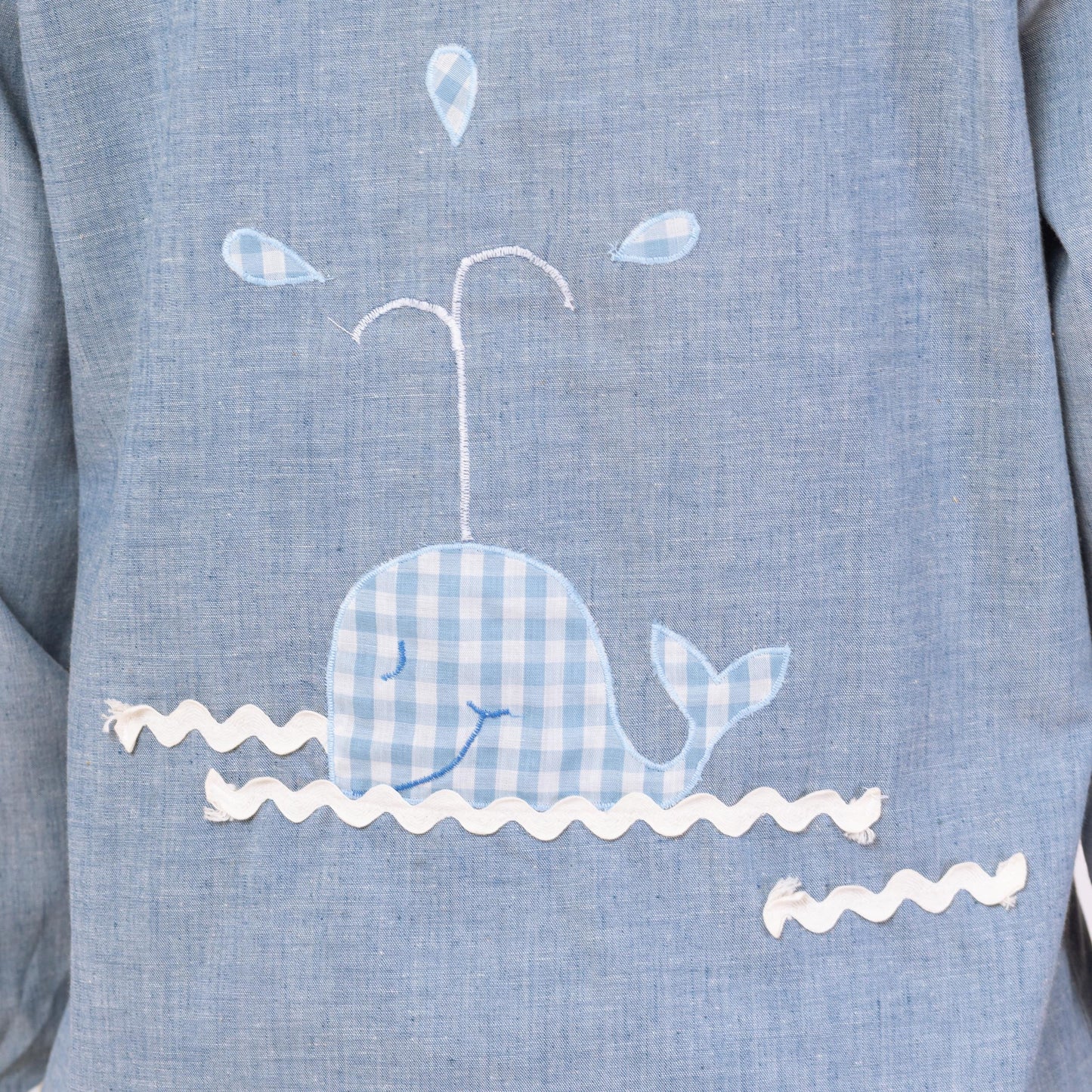 Vintage 70s Chambray Whale Applique Shirt - Small to Medium | Blue Novelty Floral Ric Rac Trim Button Up Long Sleeve Top