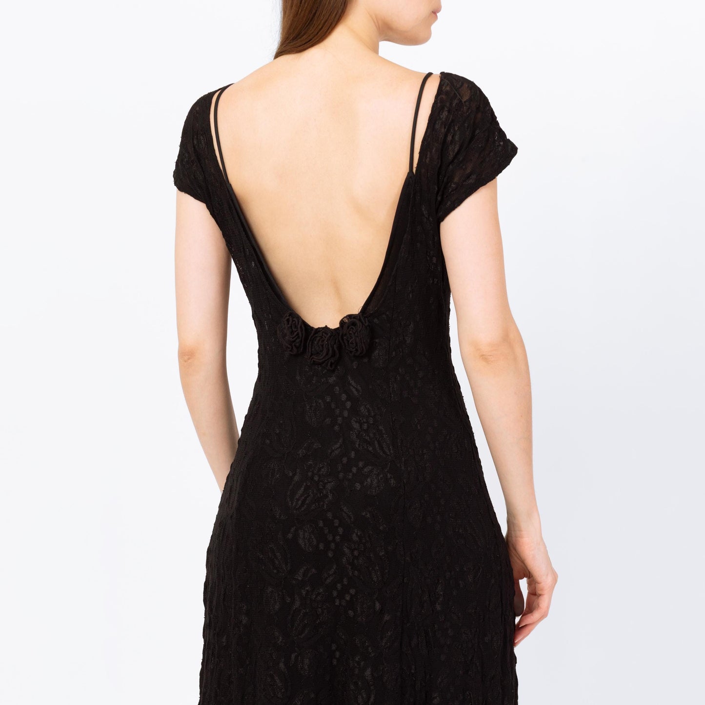 Vintage 90s Black Lace Low Back Rosette Midi Dress - Small | A Line Party Dress, Gothic Wedding Guest Dress