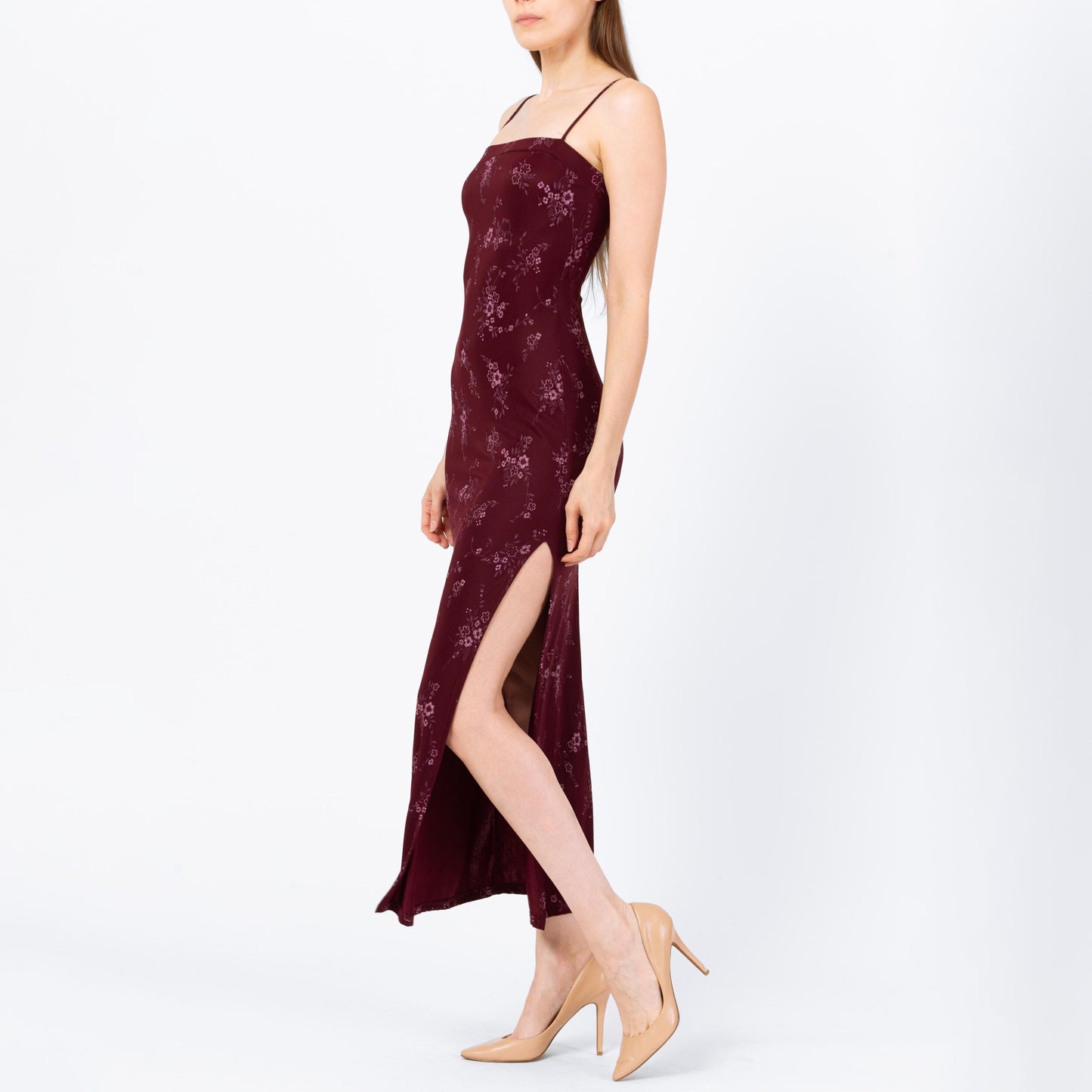 Vintage 90s Wine Red Floral Bodycon Maxi Dress - Extra Small | Spaghetti Strap Square Neck High Thigh Slit Slinky Sexy Formal Gown