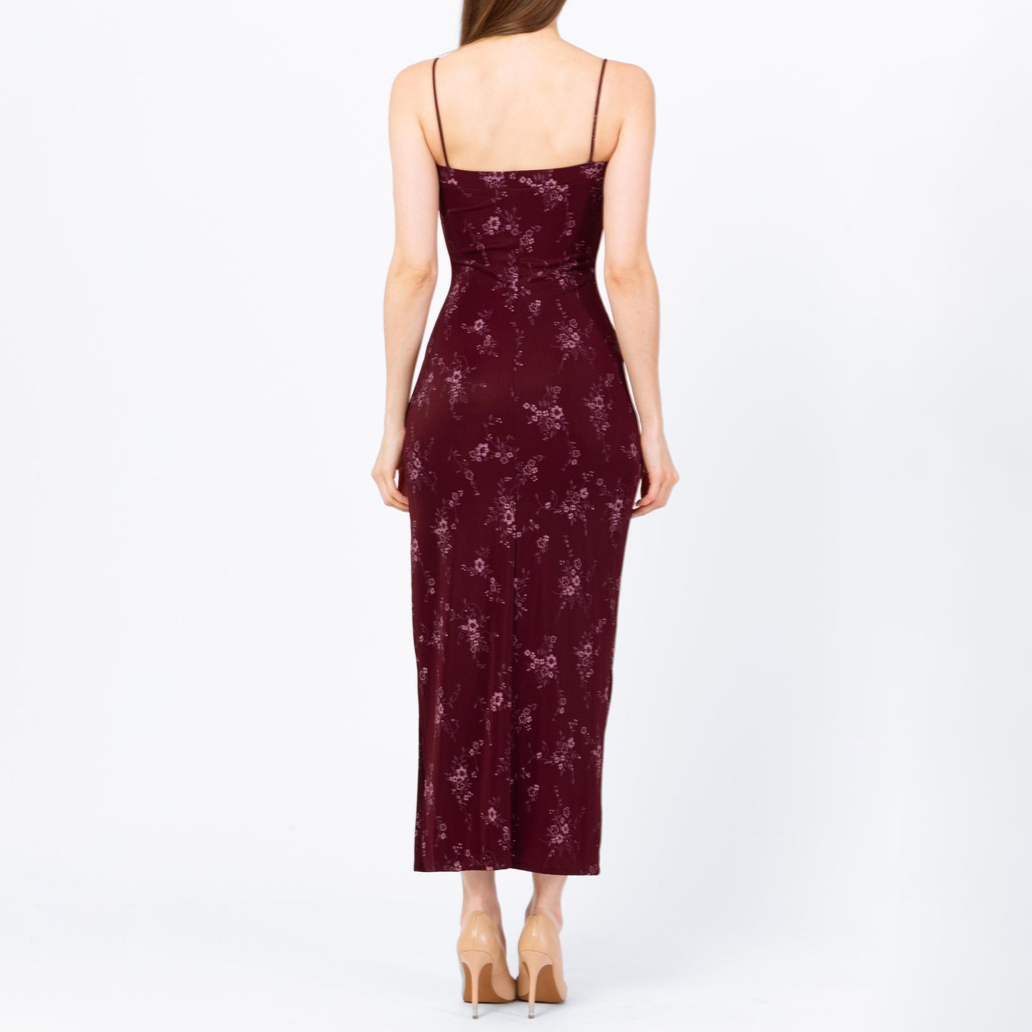 Vintage 90s Wine Red Floral Bodycon Maxi Dress - Extra Small | Spaghetti Strap Square Neck High Thigh Slit Slinky Sexy Formal Gown