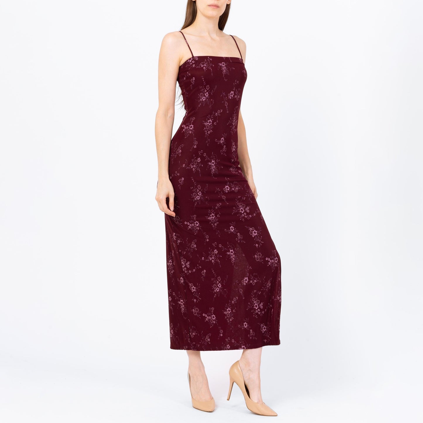 Vintage 90s Wine Red Floral Bodycon Maxi Dress - Extra Small | Spaghetti Strap Square Neck High Thigh Slit Slinky Sexy Formal Gown