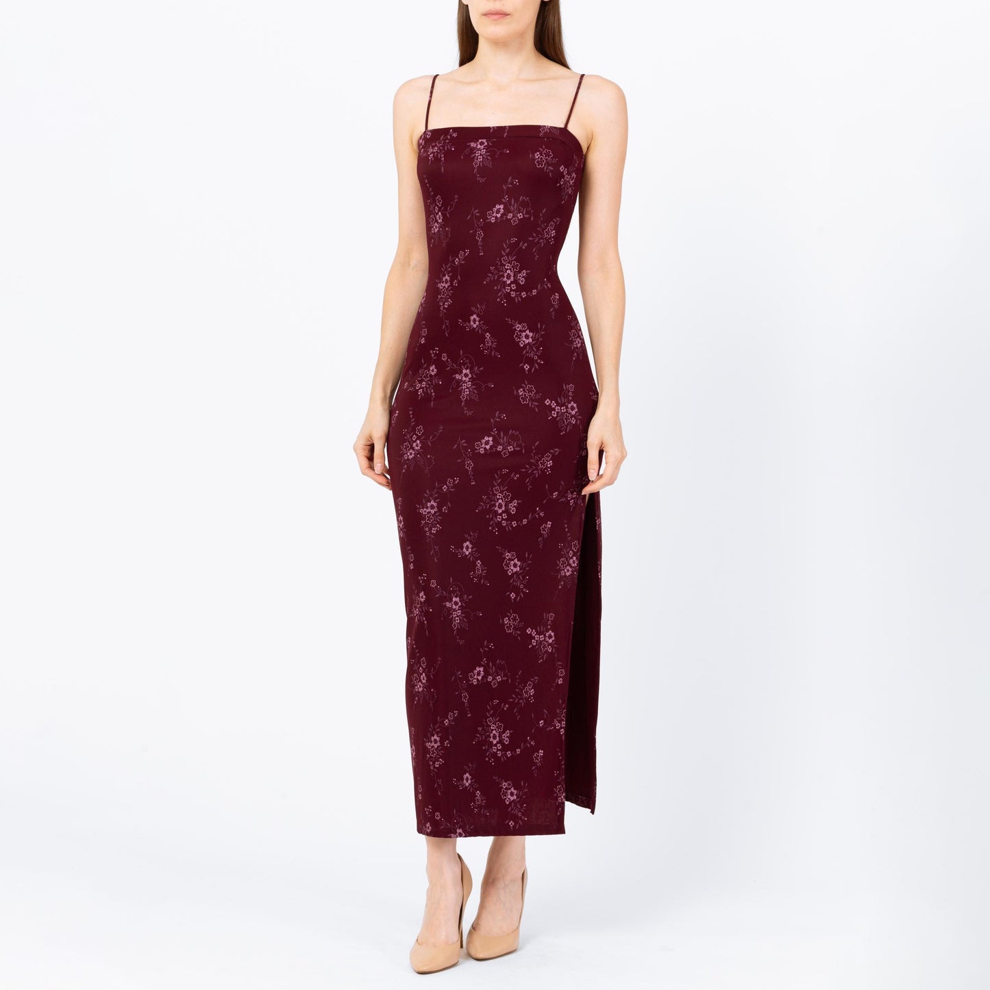 Vintage 90s Wine Red Floral Bodycon Maxi Dress - Extra Small | Spaghetti Strap Square Neck High Thigh Slit Slinky Sexy Formal Gown