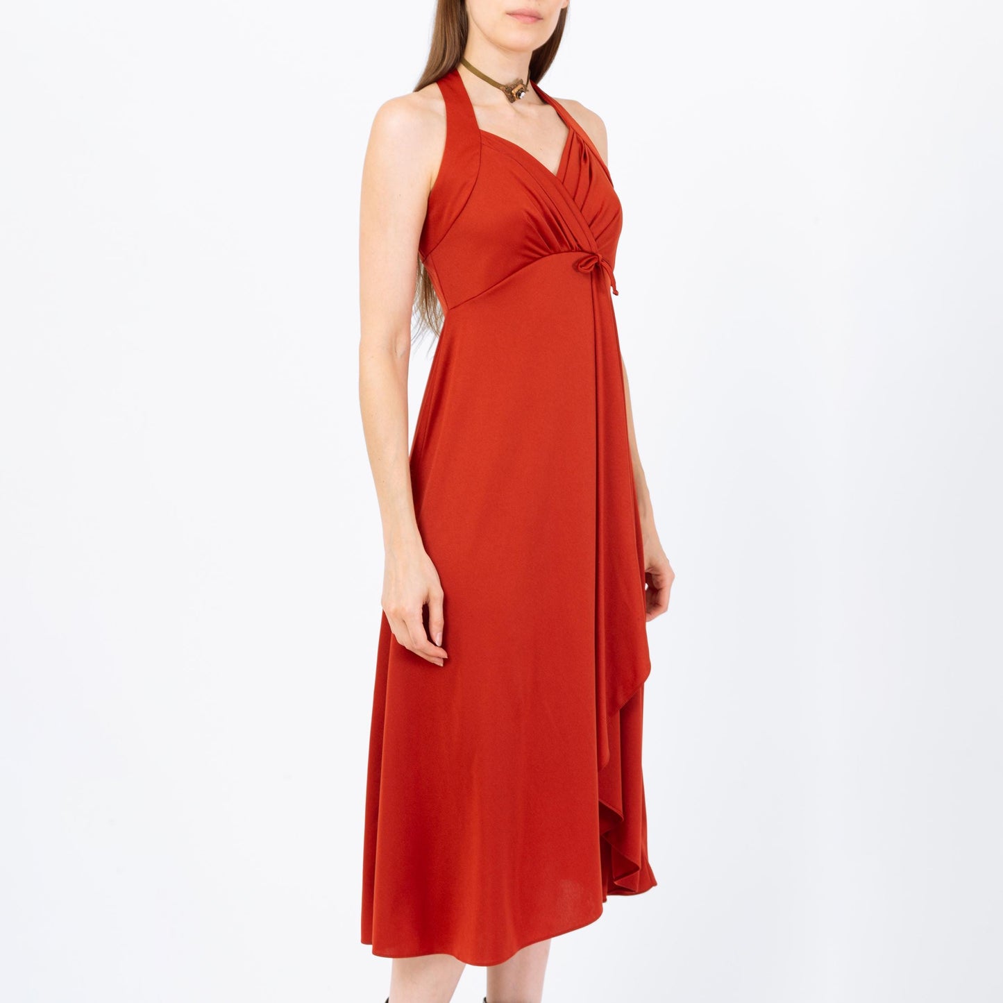 Vintage 70s Burnt Orange Grecian Midi Dress - Extra Small | Sleeveless Halter Neck Racerback Boho Wrap Party Dress, Wedding Guest Dress