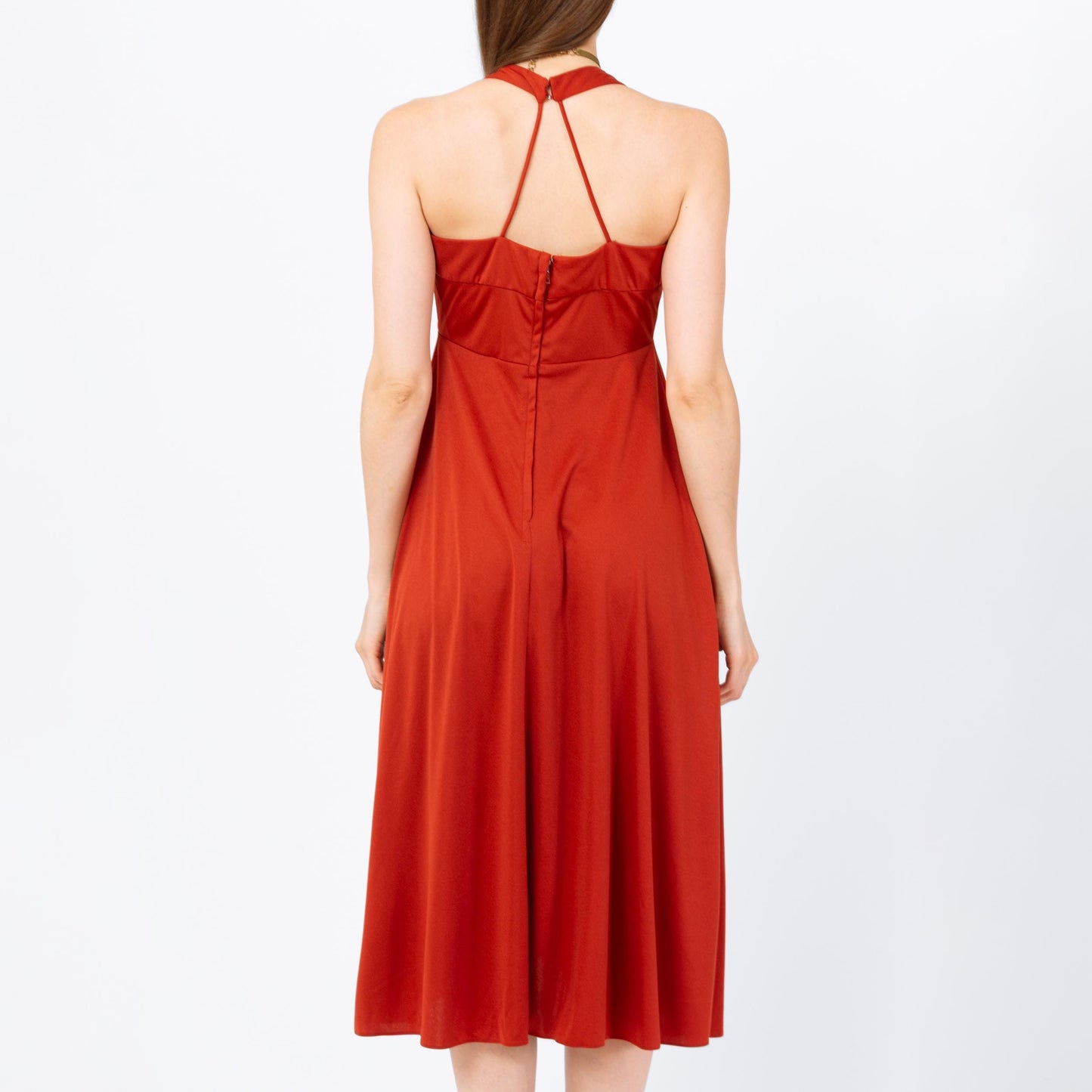 Vintage 70s Burnt Orange Grecian Midi Dress - Extra Small | Sleeveless Halter Neck Racerback Boho Wrap Party Dress, Wedding Guest Dress